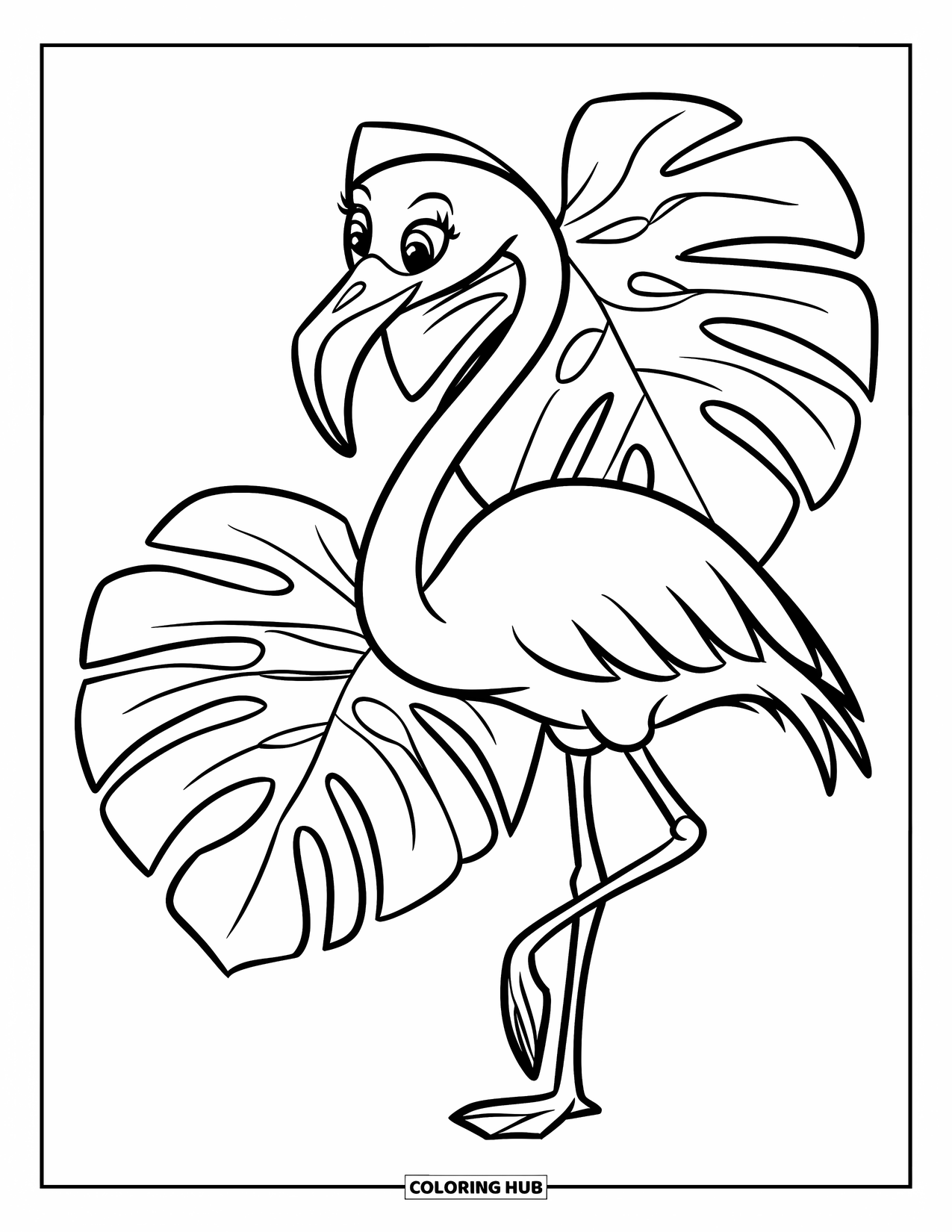 Desenho de flamingo para colorir para crianças: Um flamingo está em uma perna perto de uma grande planta monstera