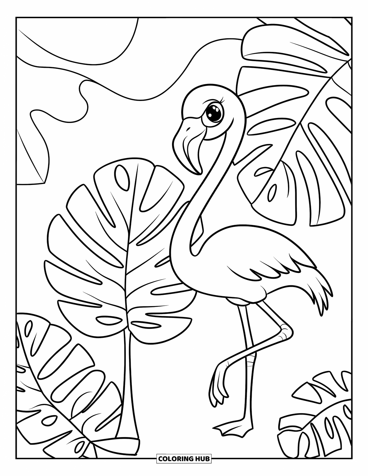 Desenho de flamingo para colorir para crianças: Um flamingo está em uma perna perto de uma monstera com folhas e plantas menores
