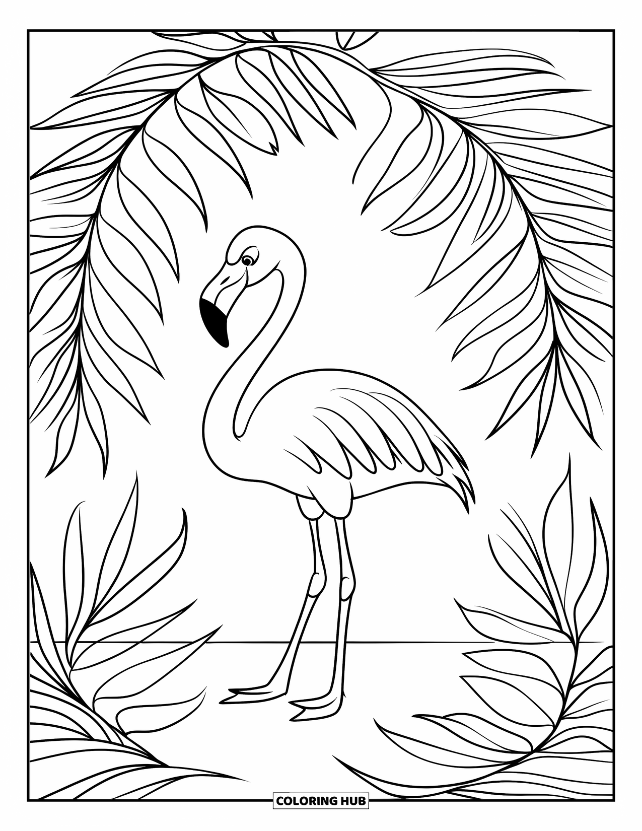 Desenho de flamingo para colorir para crianças: Um flamingo está sob folhas de palmeira arqueadas em uma superfície clara e aberta