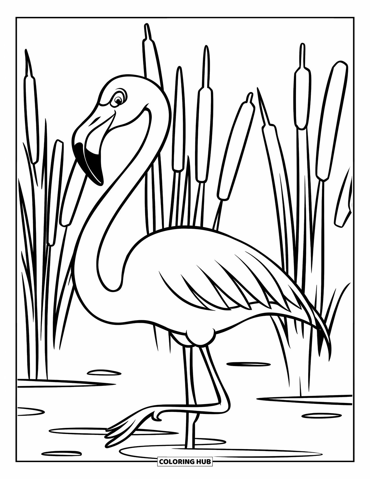 Desenho de flamingo para colorir para crianças: Um flamingo caminha pela água com juncos altos balançando ao seu redor