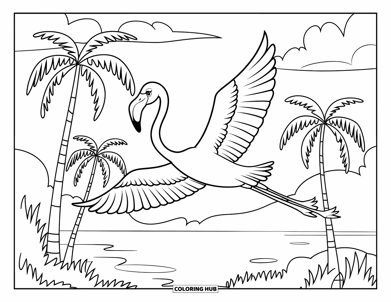 Desenho de flamingo para colorir para crianças: Um flamingo com um bico curvo voa acima de uma floresta com palmeiras