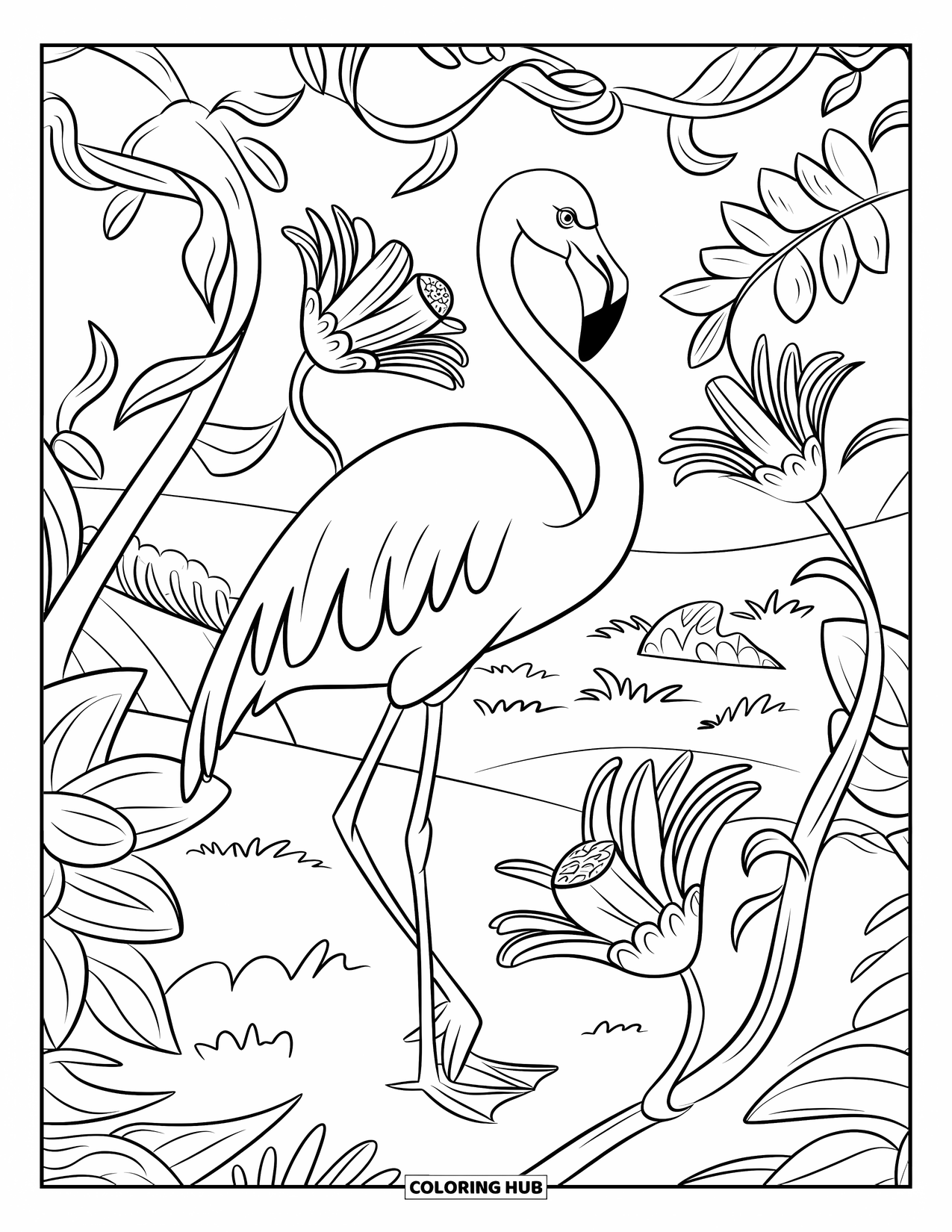 Desenho de flamingo para colorir para crianças: Um flamingo com um pescoço curvo está entre vinhas e flores exóticas em uma floresta