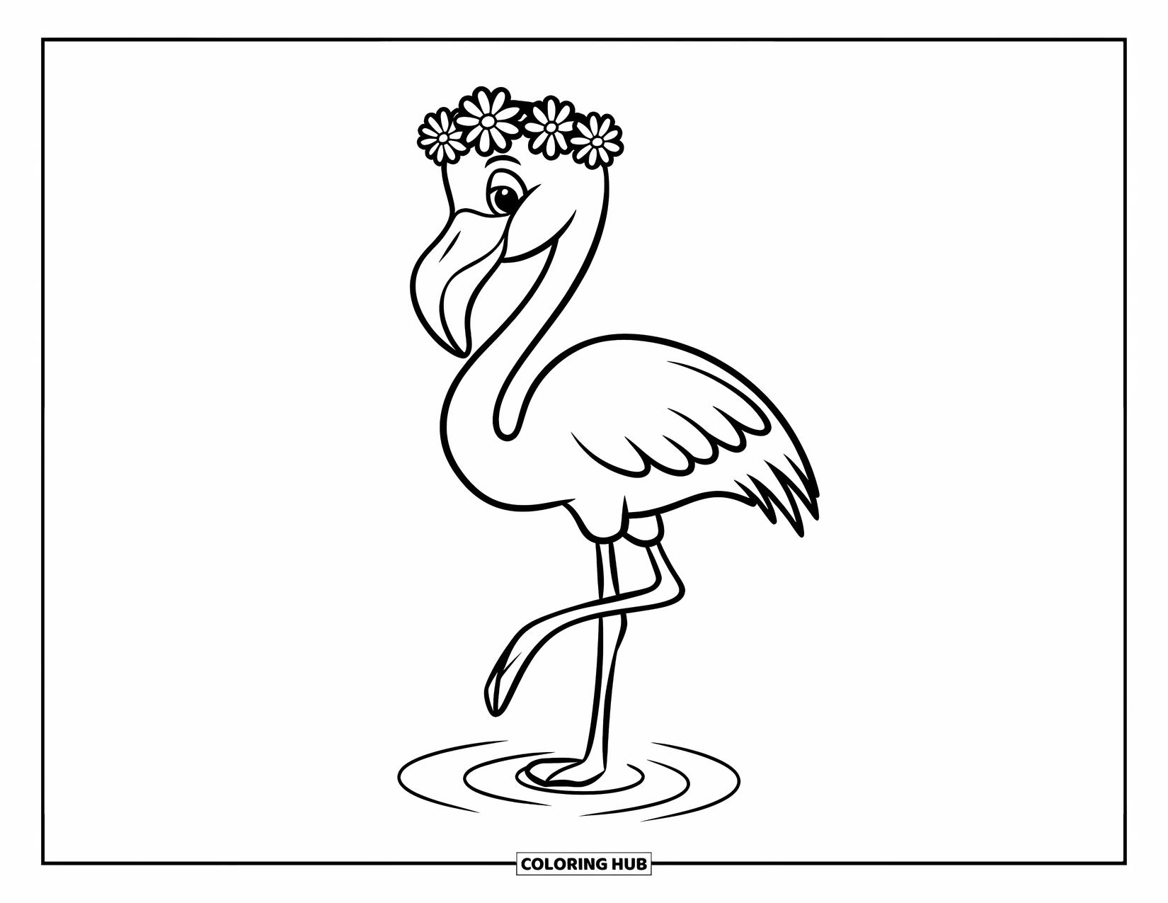 Desenho de flamingo para colorir para crianças: Um flamingo com uma coroa de flores está em uma ondulação de água