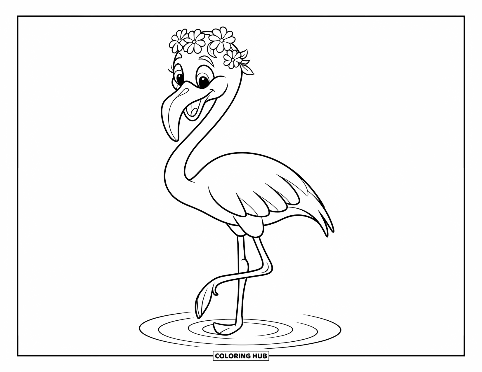 Desenho de flamingo para colorir para crianças: Um flamingo com uma coroa de flores está em água ondulada com um fundo branco