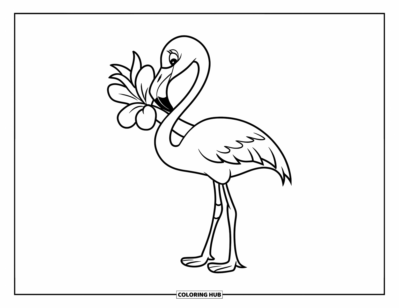Desenho de flamingo para colorir para crianças: Um flamingo com uma flor no bico está em um fundo branco