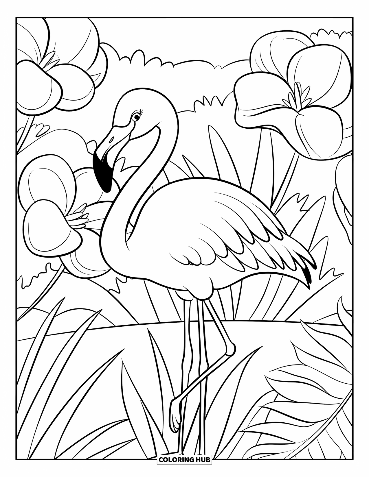 Desenho de flamingo para colorir para crianças: Um flamingo de pernas cruzadas está entre flores gigantes e folhas tropicais