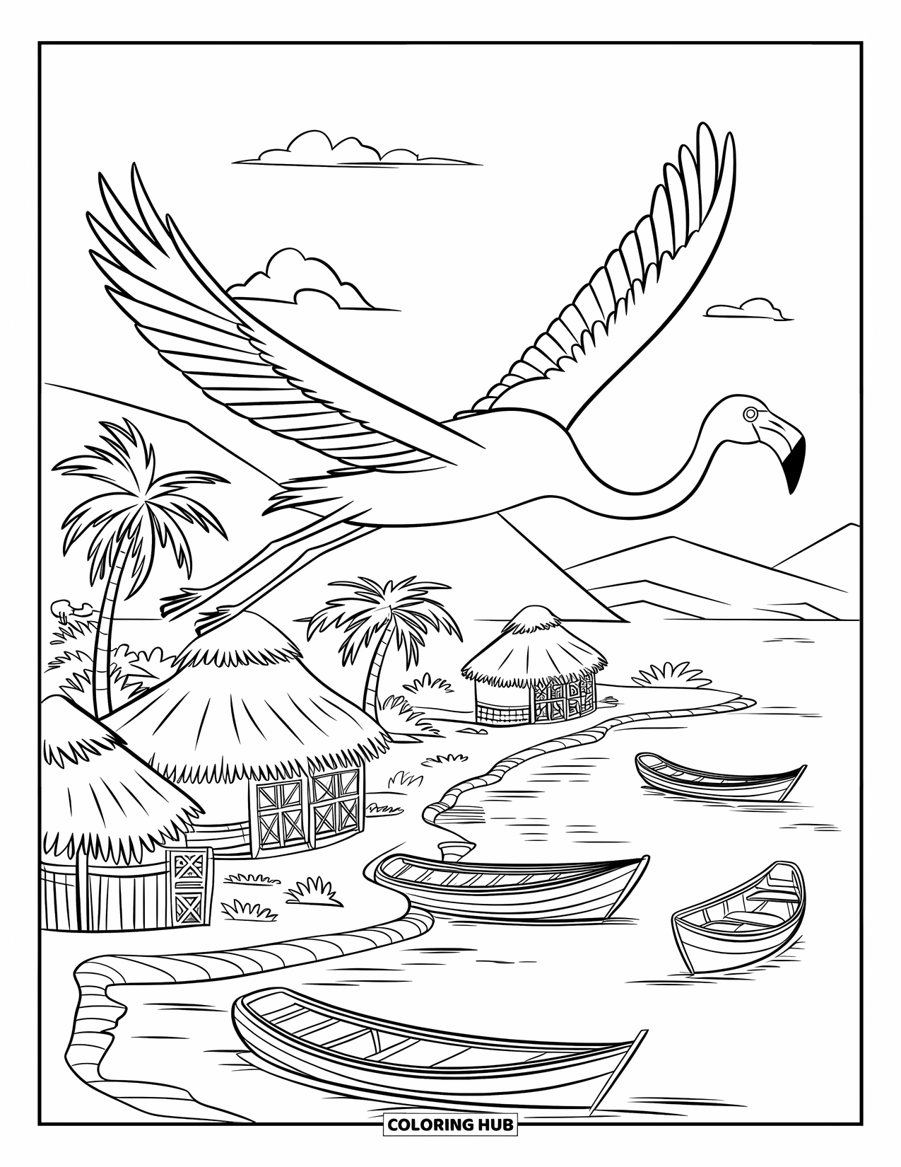 Desenho de flamingo para colorir para crianças: Um flamingo com pernas estendidas voa acima de uma vila com cabanas e palmeiras