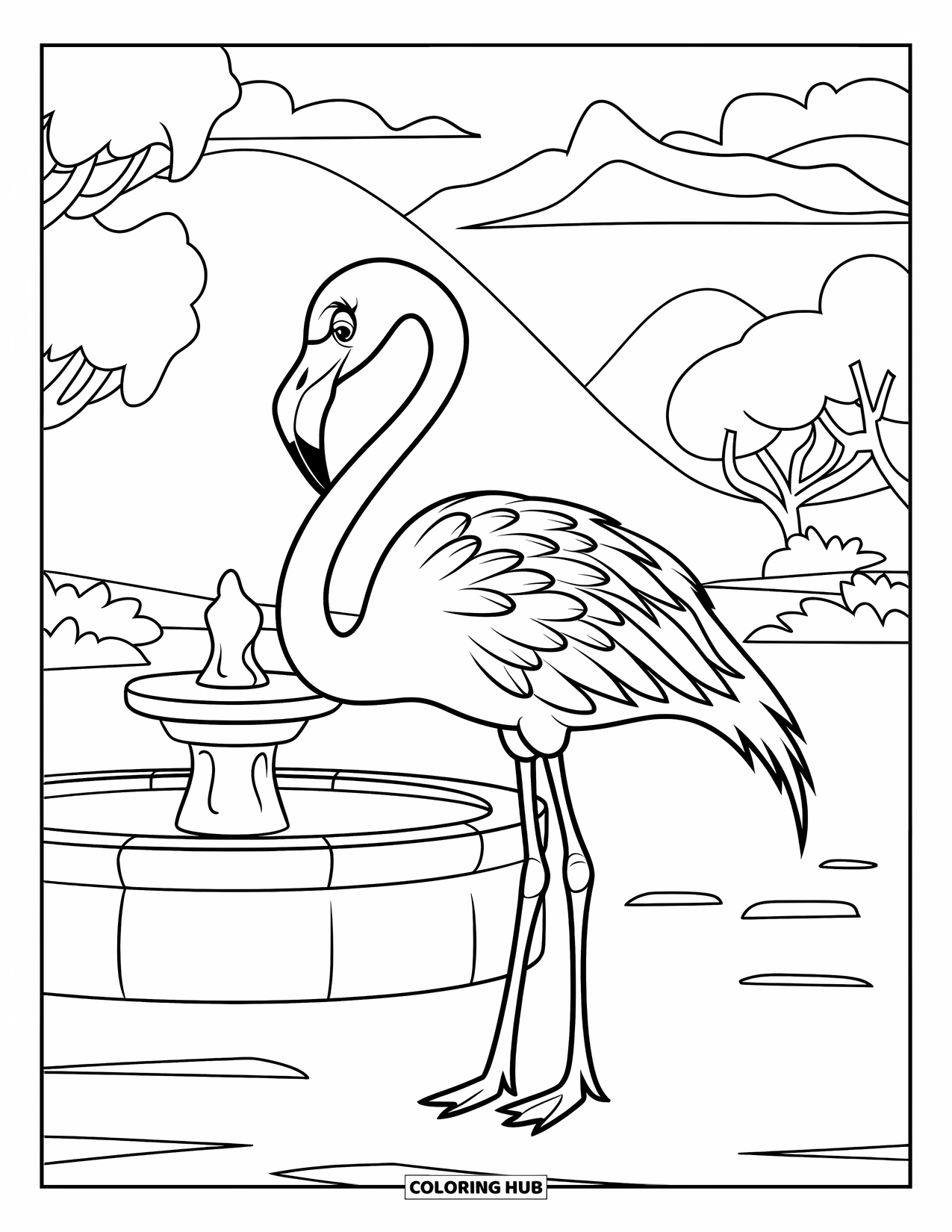 Desenho de flamingo para colorir para crianças: Um flamingo com penas está perto de uma fonte cercada por árvores