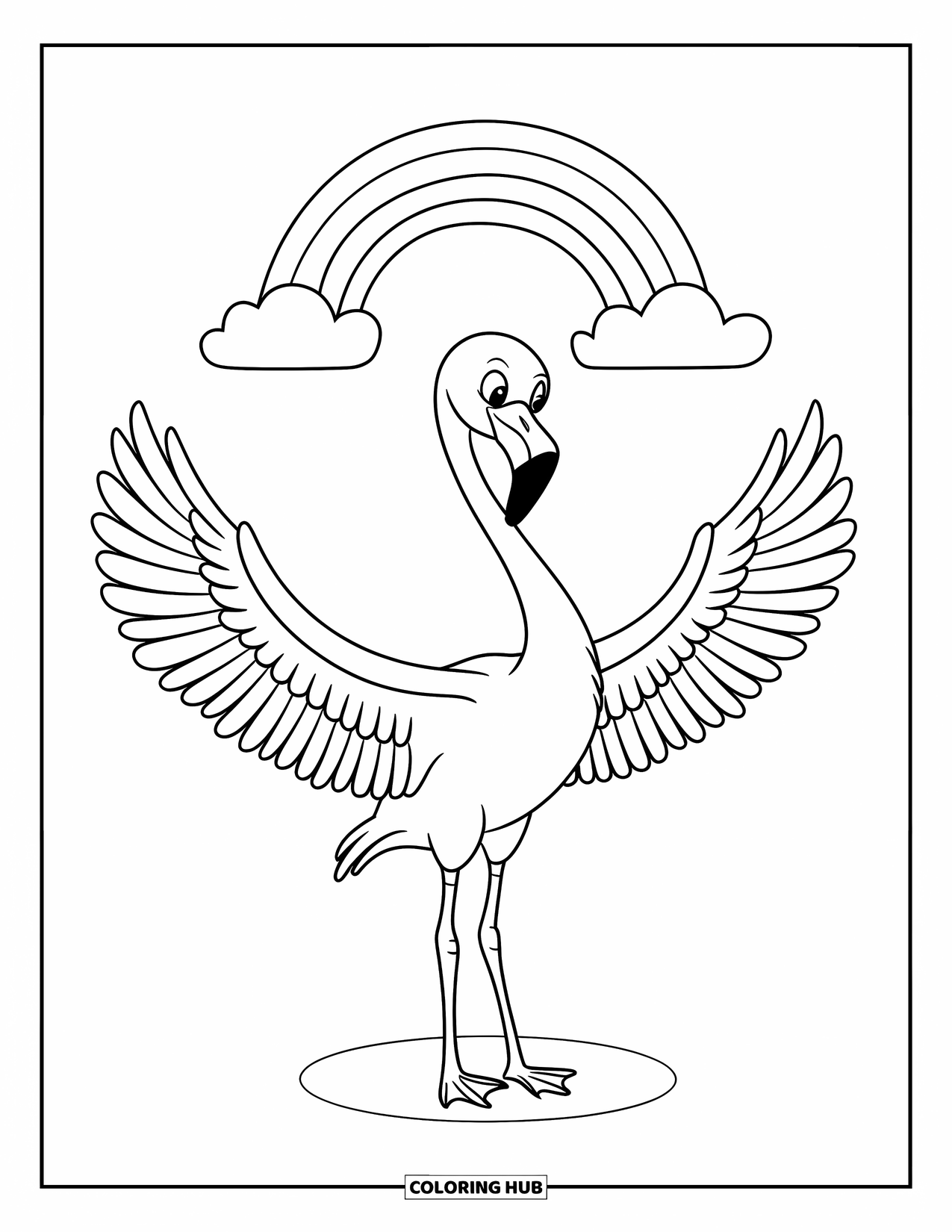 Desenho de flamingo para colorir para crianças: Um flamingo com asas abertas está sob um arco-íris em um fundo simples