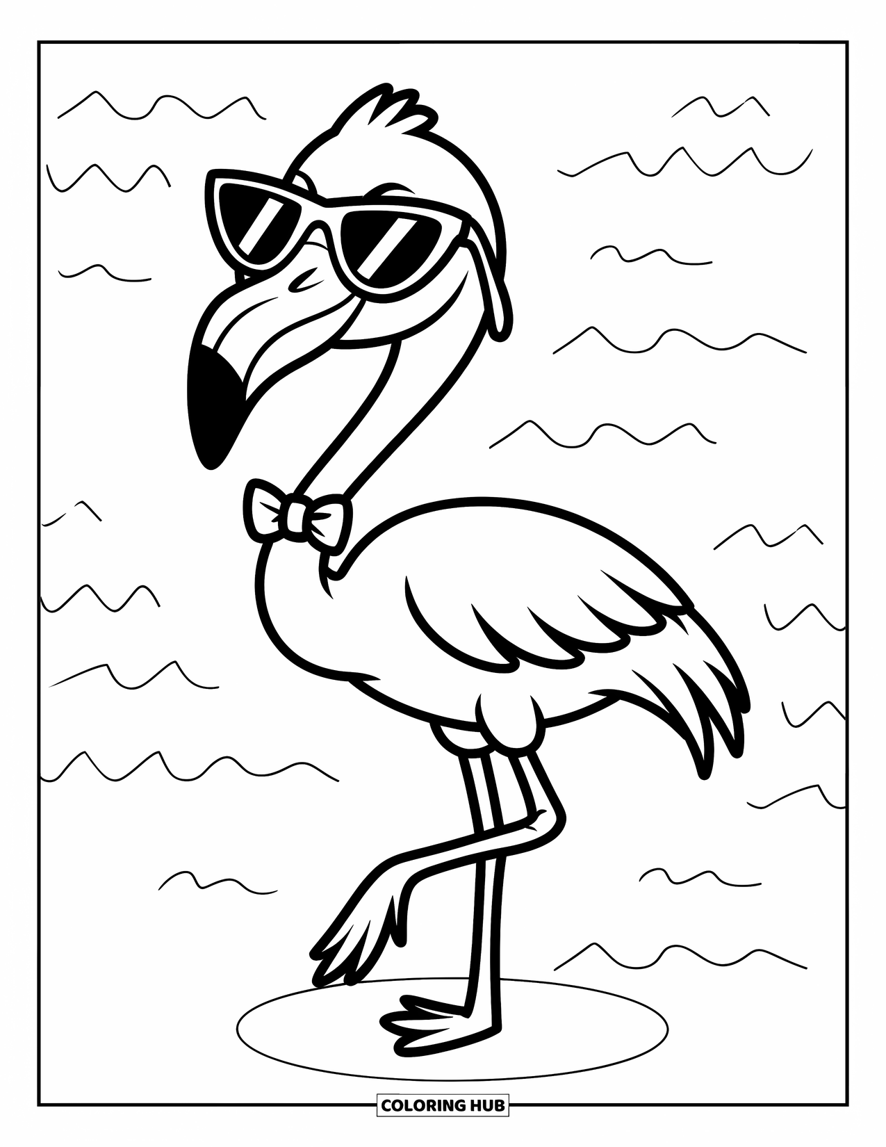 Desenho de flamingo para colorir para crianças: Um flamingo feliz de óculos de sol e gravata borboleta está em linhas onduladas
