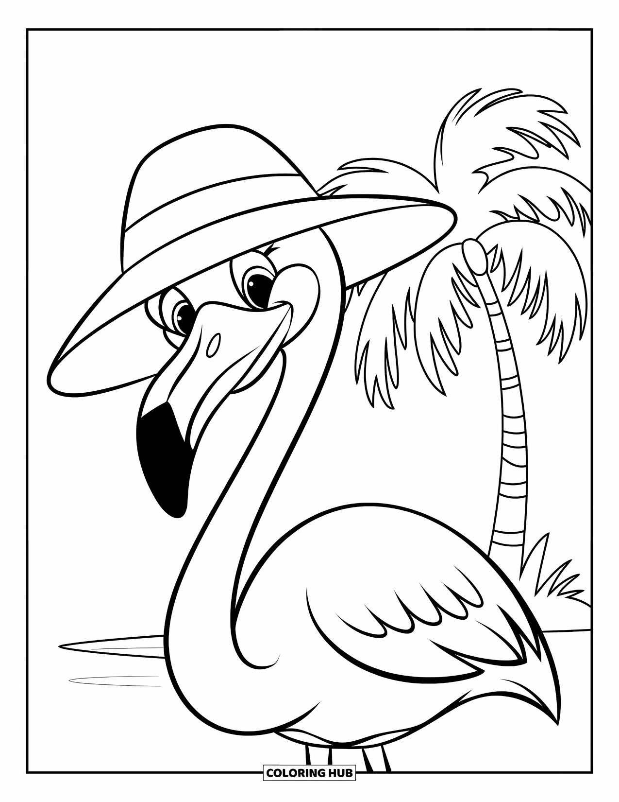 Desenho de flamingo para colorir para crianças: Um flamingo sorridente com um chapéu de sol está perto de uma palmeira