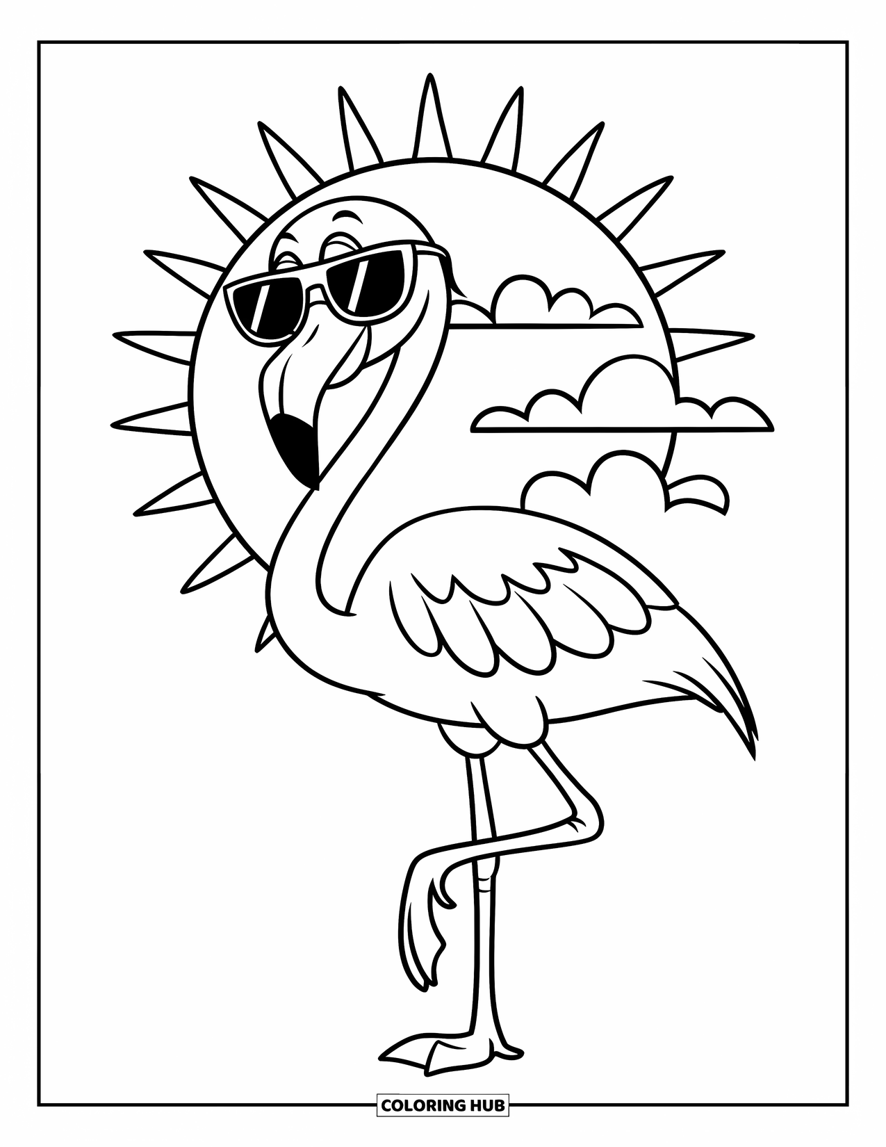 Desenho de flamingo para colorir para crianças: Um flamingo sorridente de óculos de sol está em uma perna com um sol e nuvens