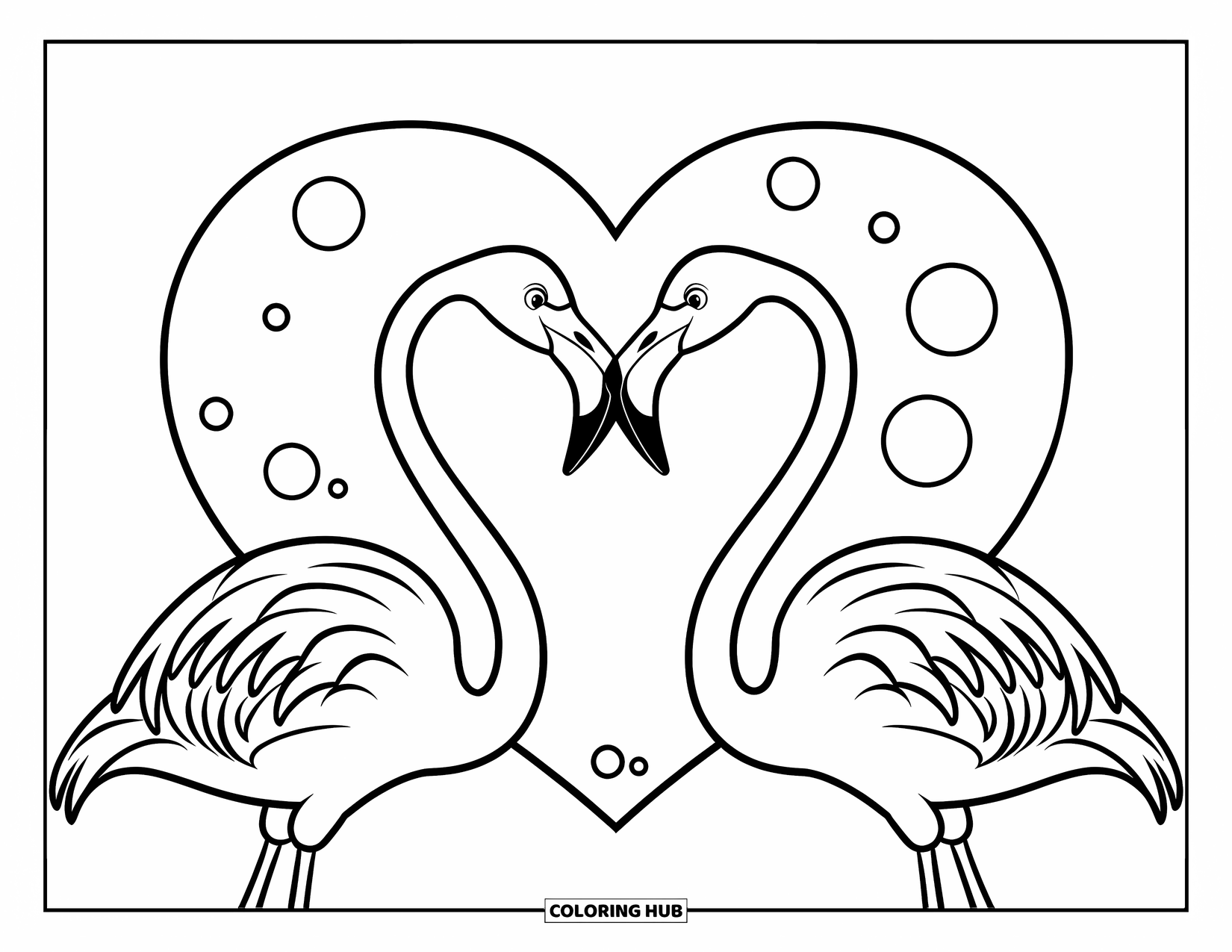 Desenho de flamingo para colorir para crianças: Dois flamingos formam um formato de coração com bolhas flutuando acima deles