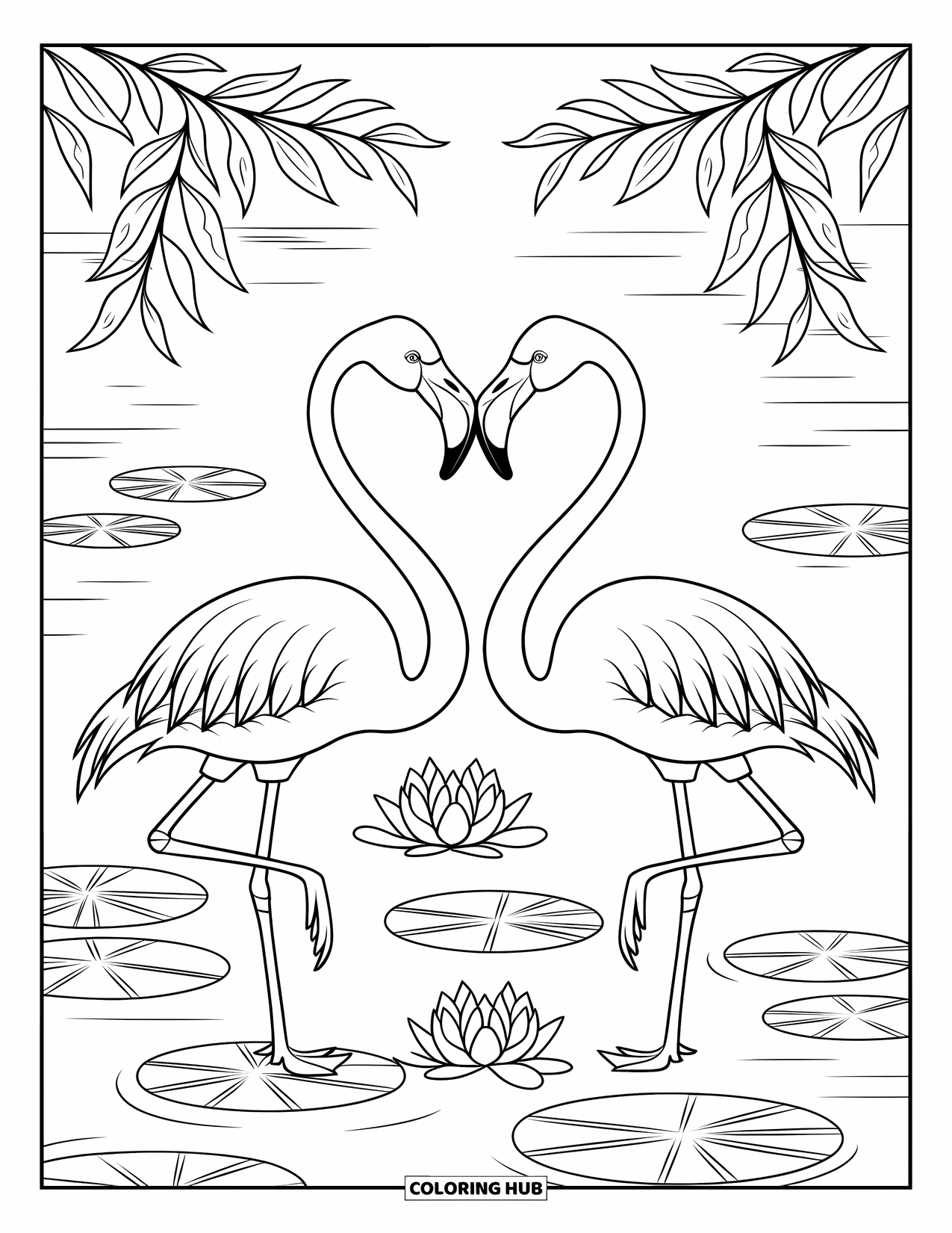 Desenho de flamingo para colorir para crianças: Dois flamingos formam um coração com seus pescoços entre nenúfares