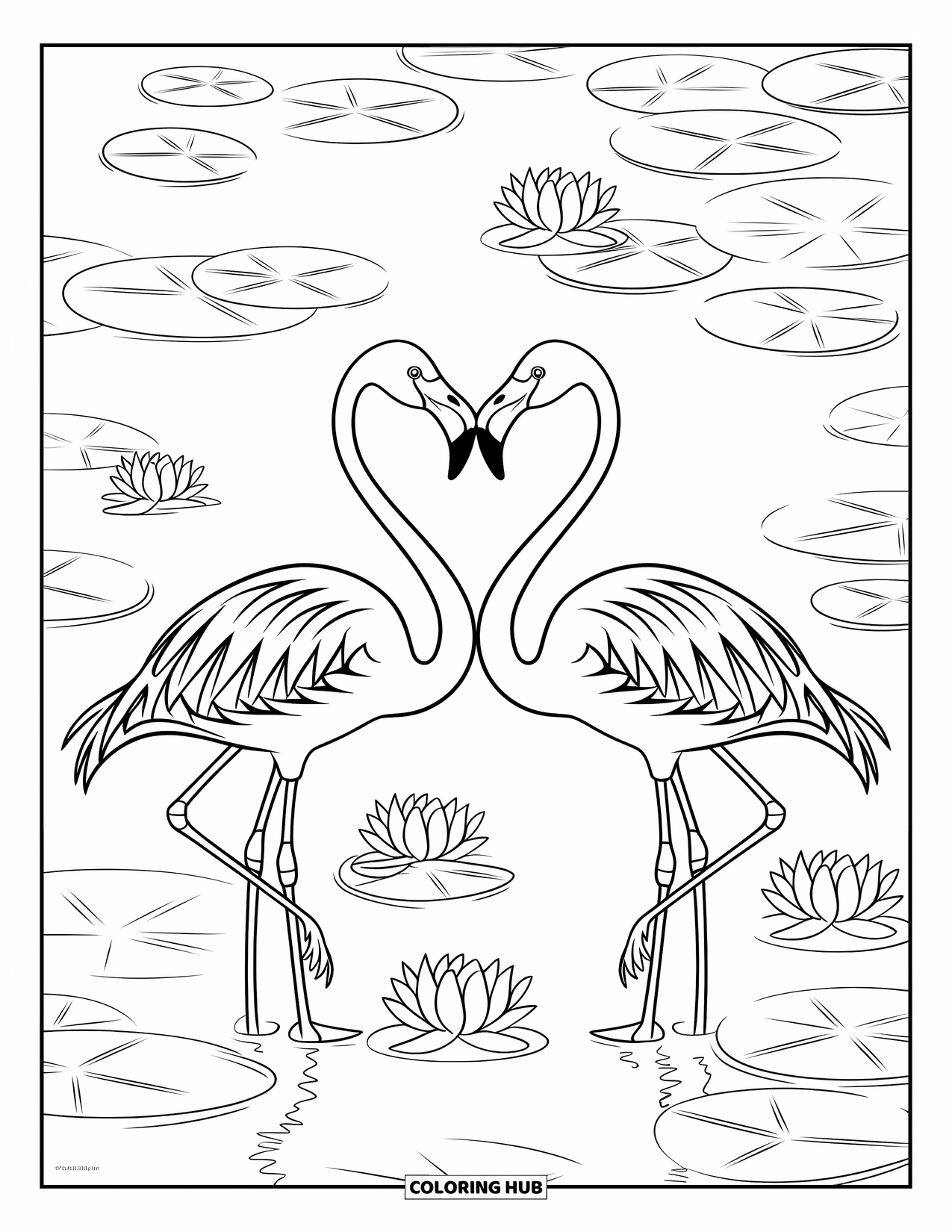 Desenho de flamingo para colorir para crianças: Dois flamingos formam um coração com seus pescoços em um lago coberto de lírios