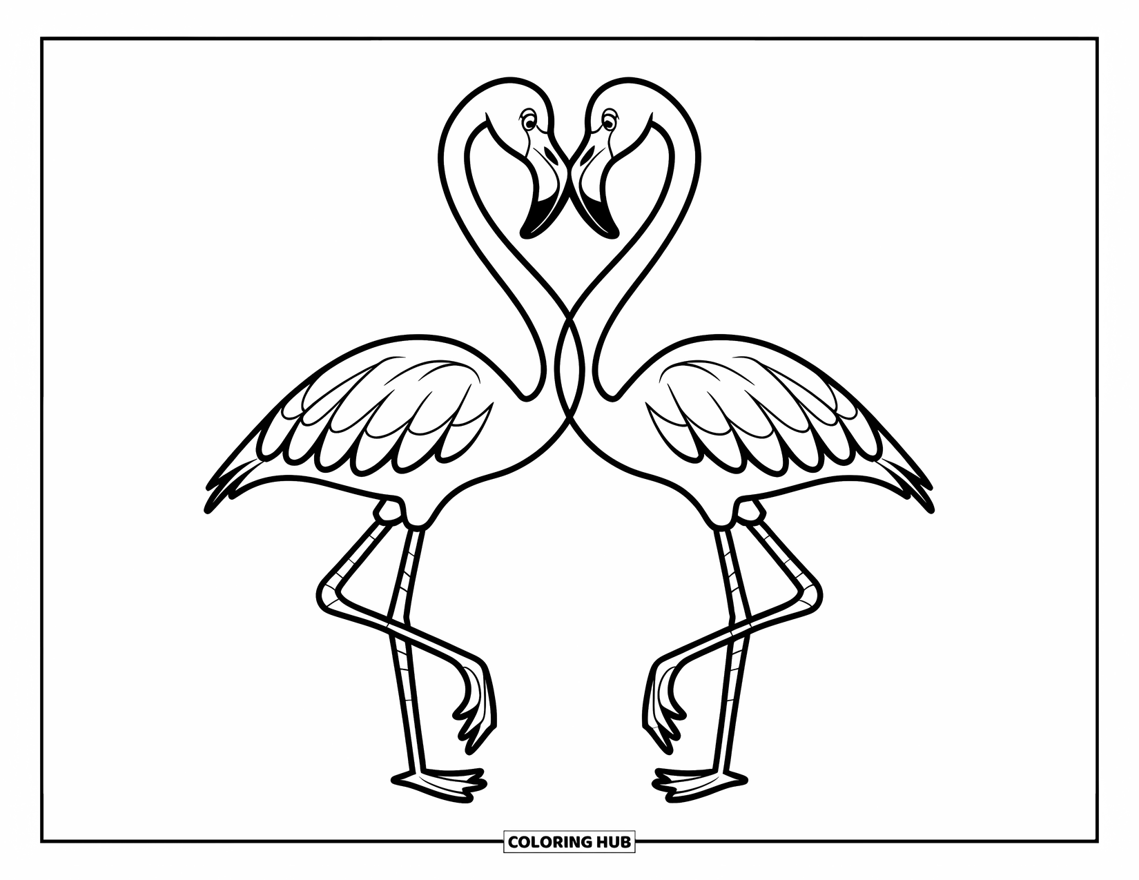 Desenho de flamingo para colorir para crianças: Dois flamingos formam um formato de coração com seus pescoços em um fundo branco