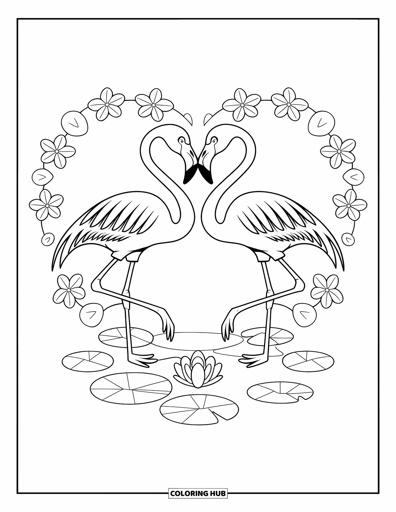 Desenho de flamingo para colorir para crianças: Dois flamingos fazem um formato de coração com seus pescoços cercados por nenúfares