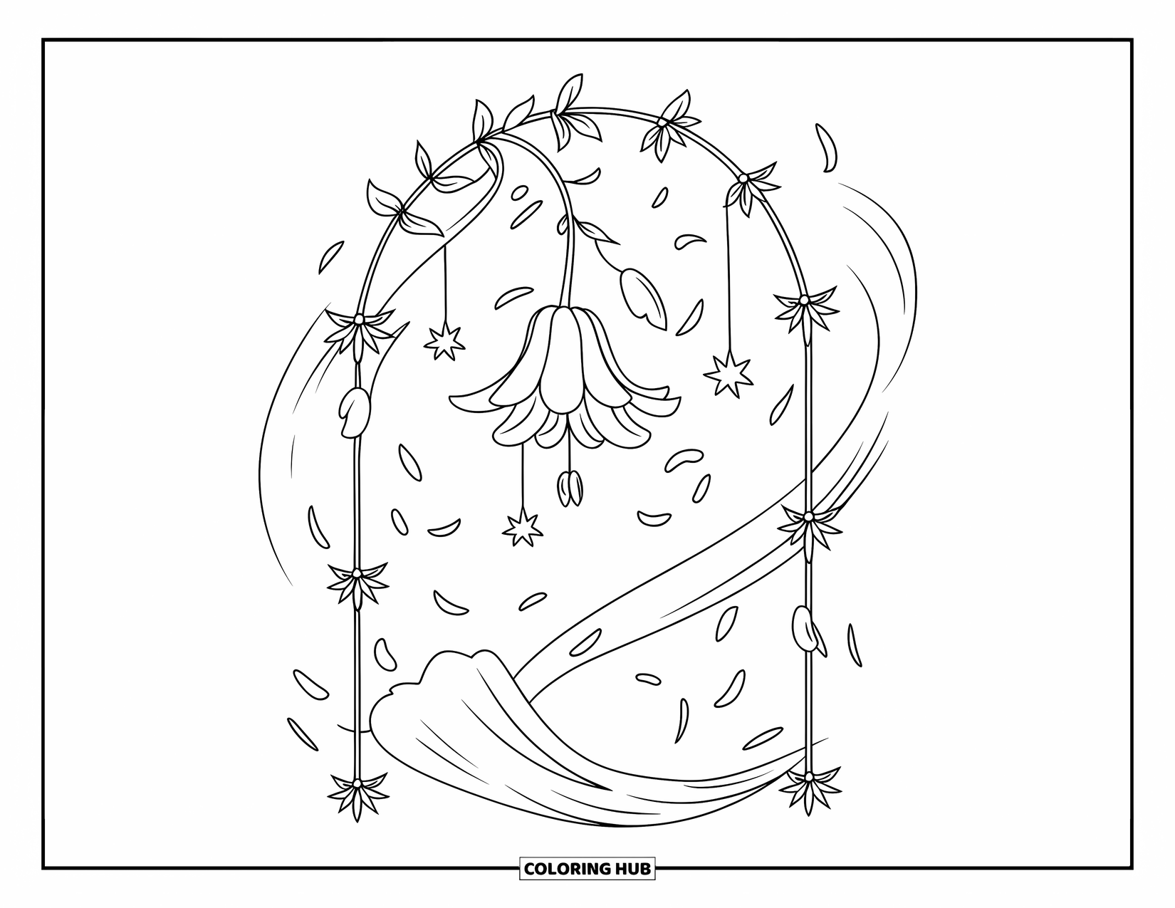 Dibujo de flores para colorear para adultos: Una campanilla cuelga de una enredadera, con un remolino de pétalos y estrellas que añaden un toque mágico