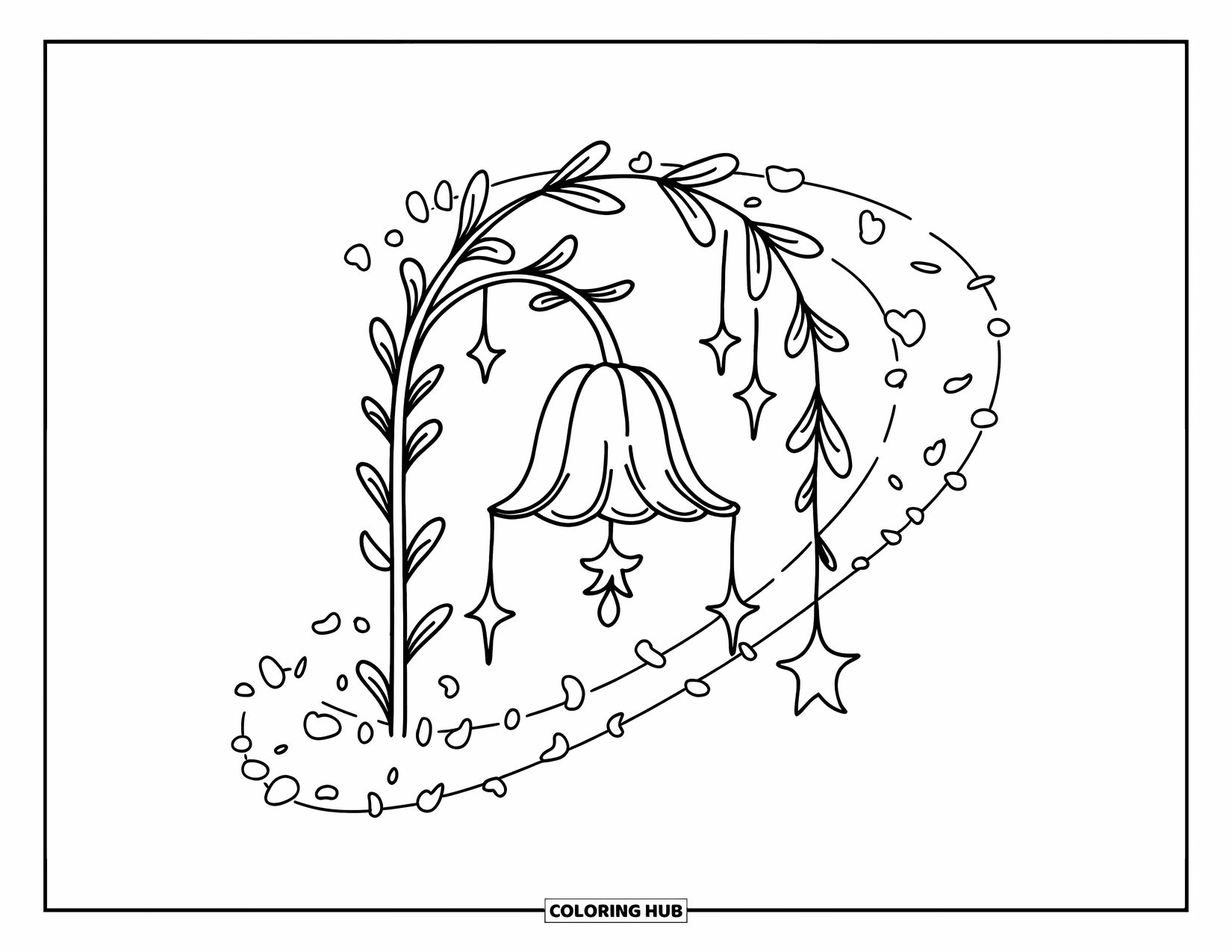 Dibujo de flores para colorear para adultos: Una campanilla con pétalos suaves y curvos cuelga de una enredadera, con pequeñas estrellas brillando a su alrededor