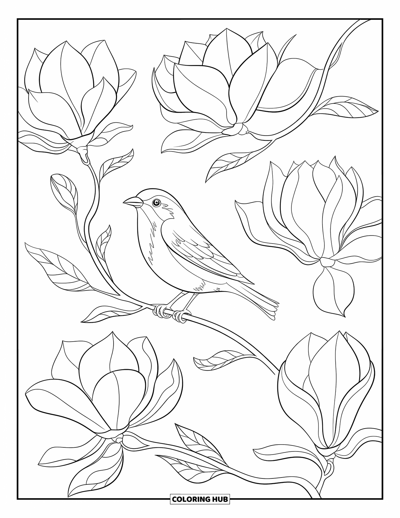 Dibujo de flores para colorear para adultos: Un pájaro se posa en una rama rodeada de flores de magnolia con hojas rizadas