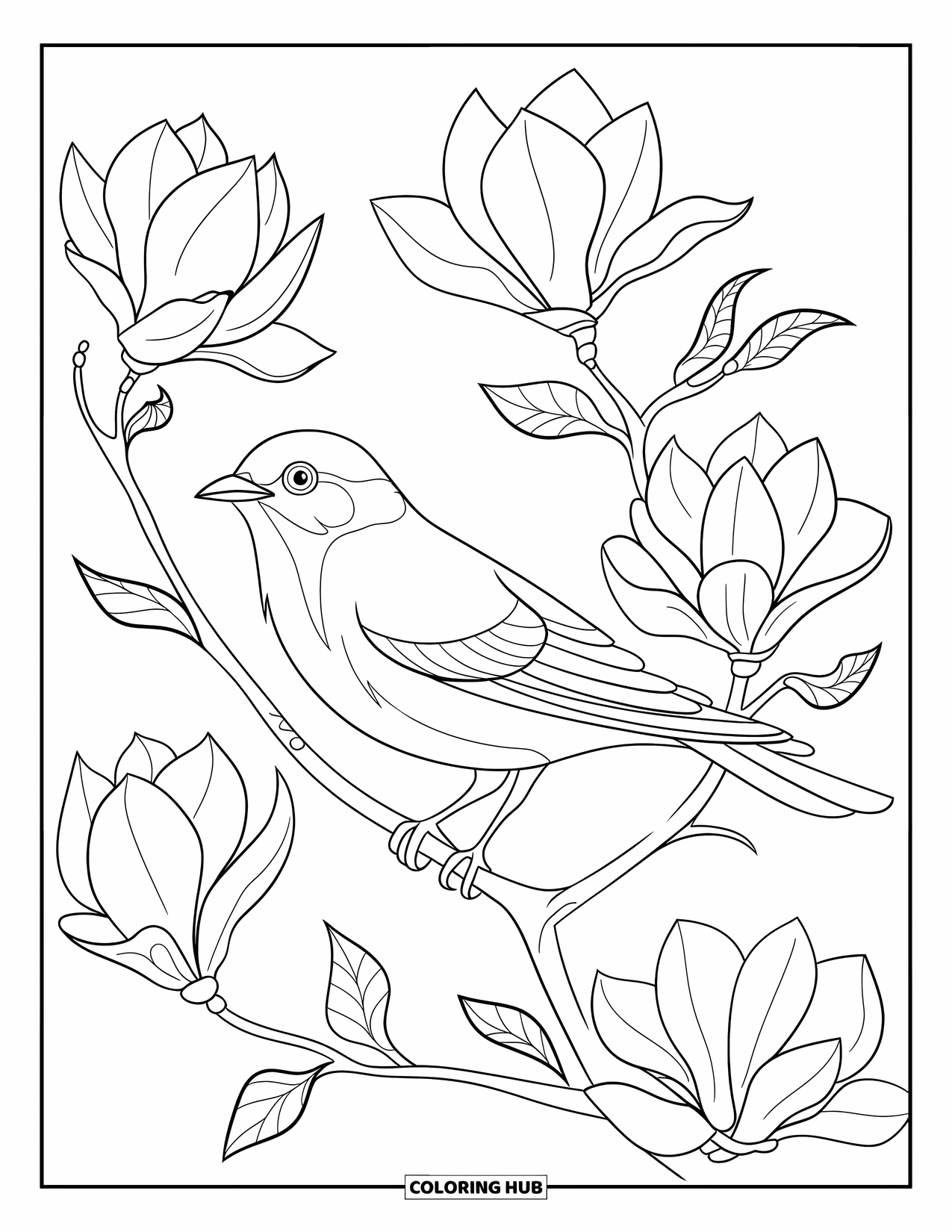 Dibujo de flores para colorear para adultos: Un pájaro se sienta en una rama entre flores de magnolia florecientes con pétalos y hojas intrincados