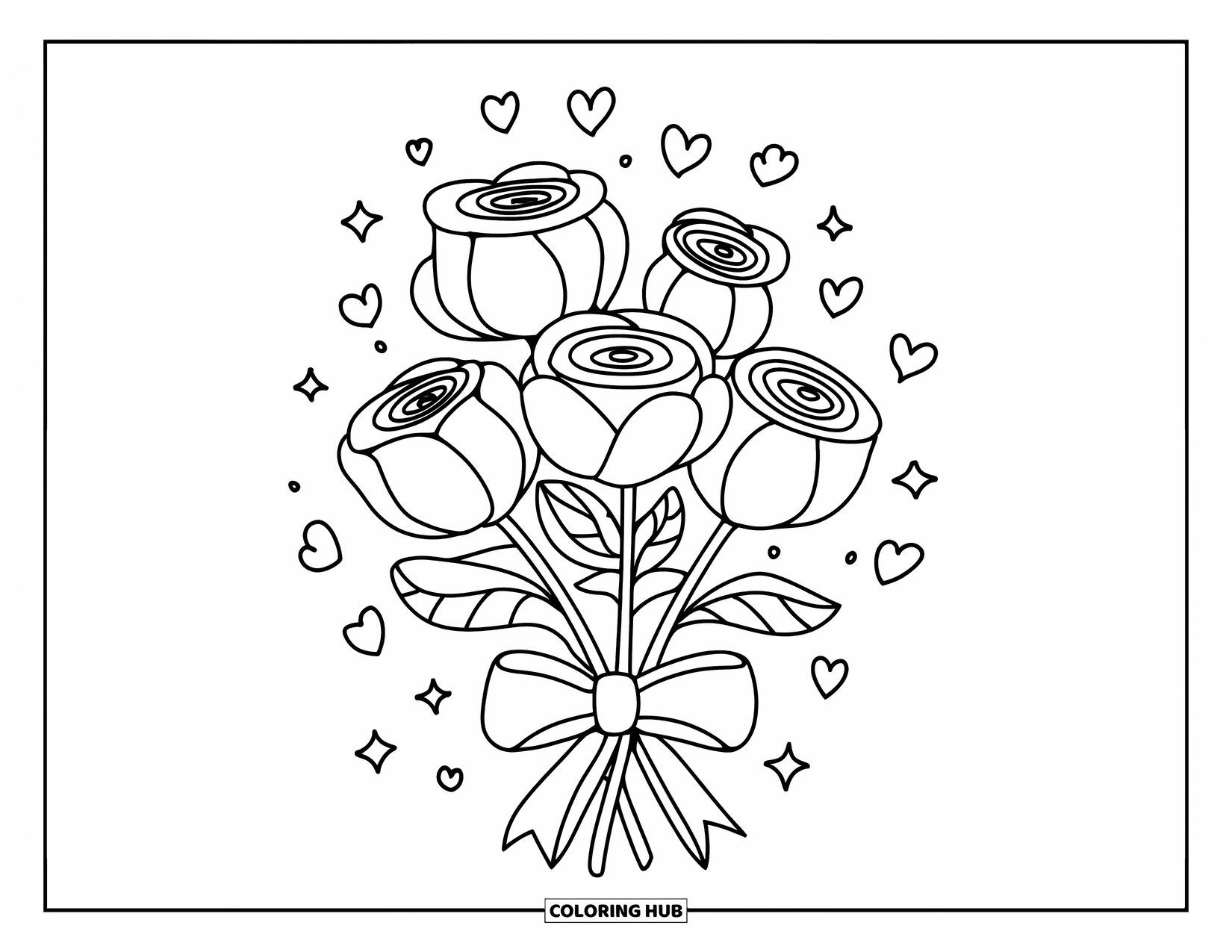 Dibujo de flores para colorear para adultos: Un ramo de rosas regordetas envuelto en un lazo, rodeado de pequeños corazones y estrellas flotantes