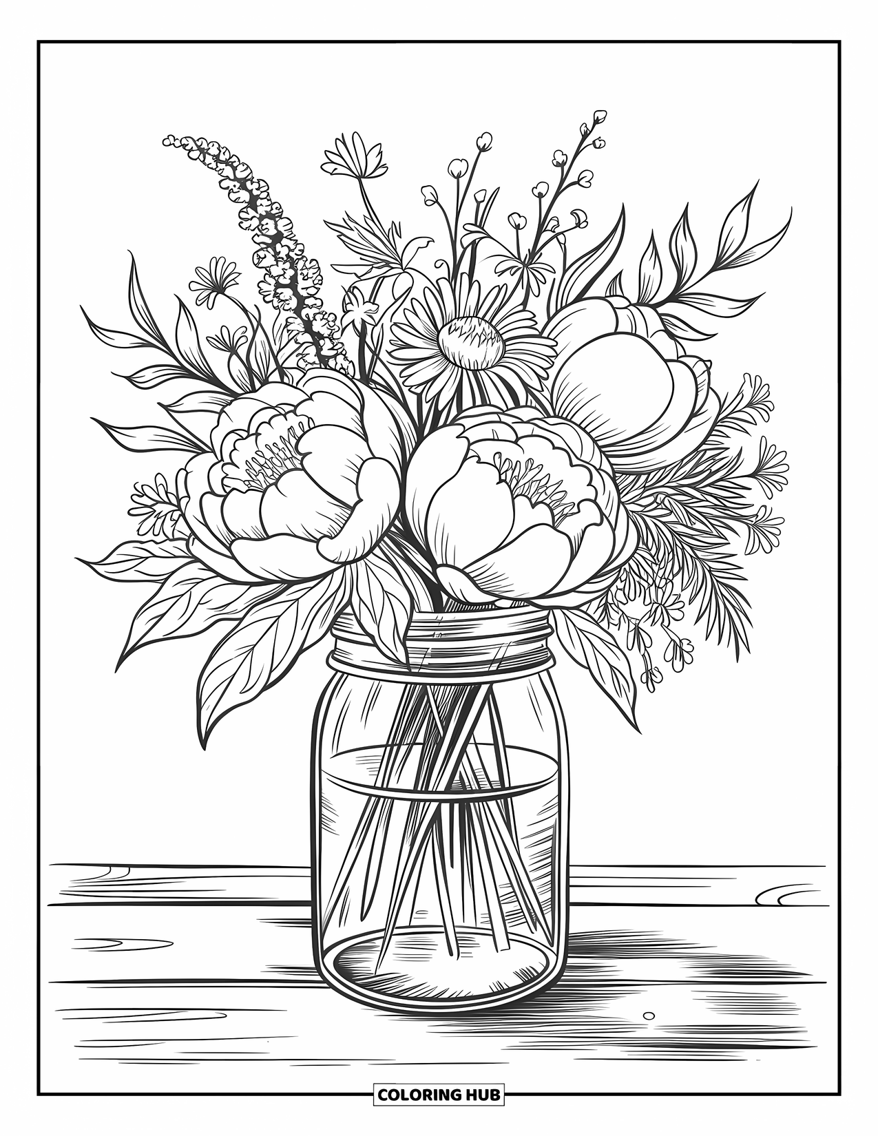 Dibujo de flores para colorear para adultos: Un ramo de peonías y flores silvestres arreglado en un tarro de cristal, descansando sobre una superficie de madera