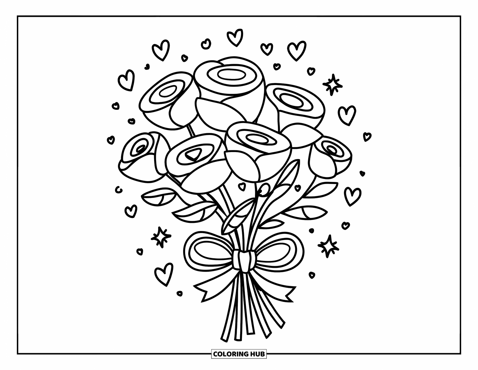 Dibujo de flores para colorear para adultos: Un ramo de rosas suaves y redondeadas atado con un lazo, con pequeños corazones y estrellas llenando la escena