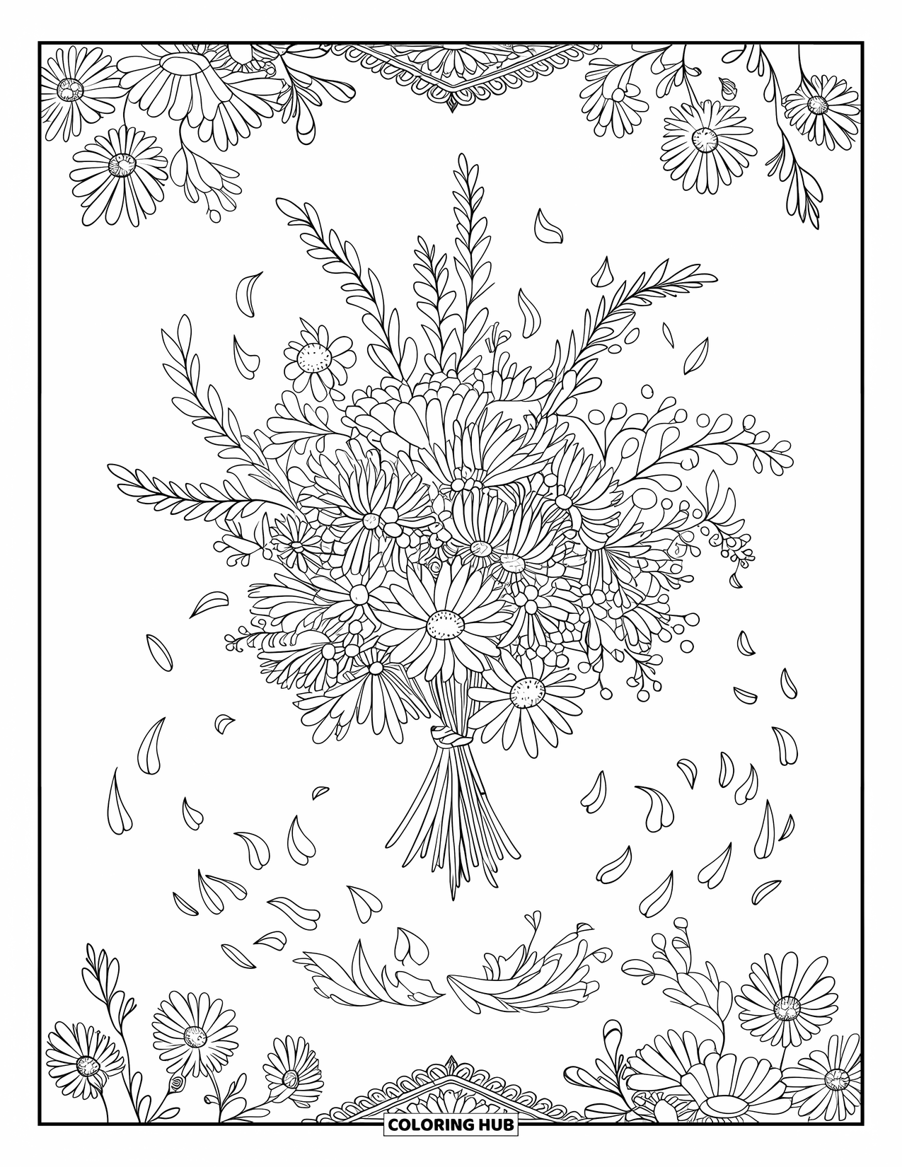 Dibujo de flores para colorear para adultos: Un ramo de flores silvestres flota en el aire, con pétalos cayendo suavemente a su alrededor