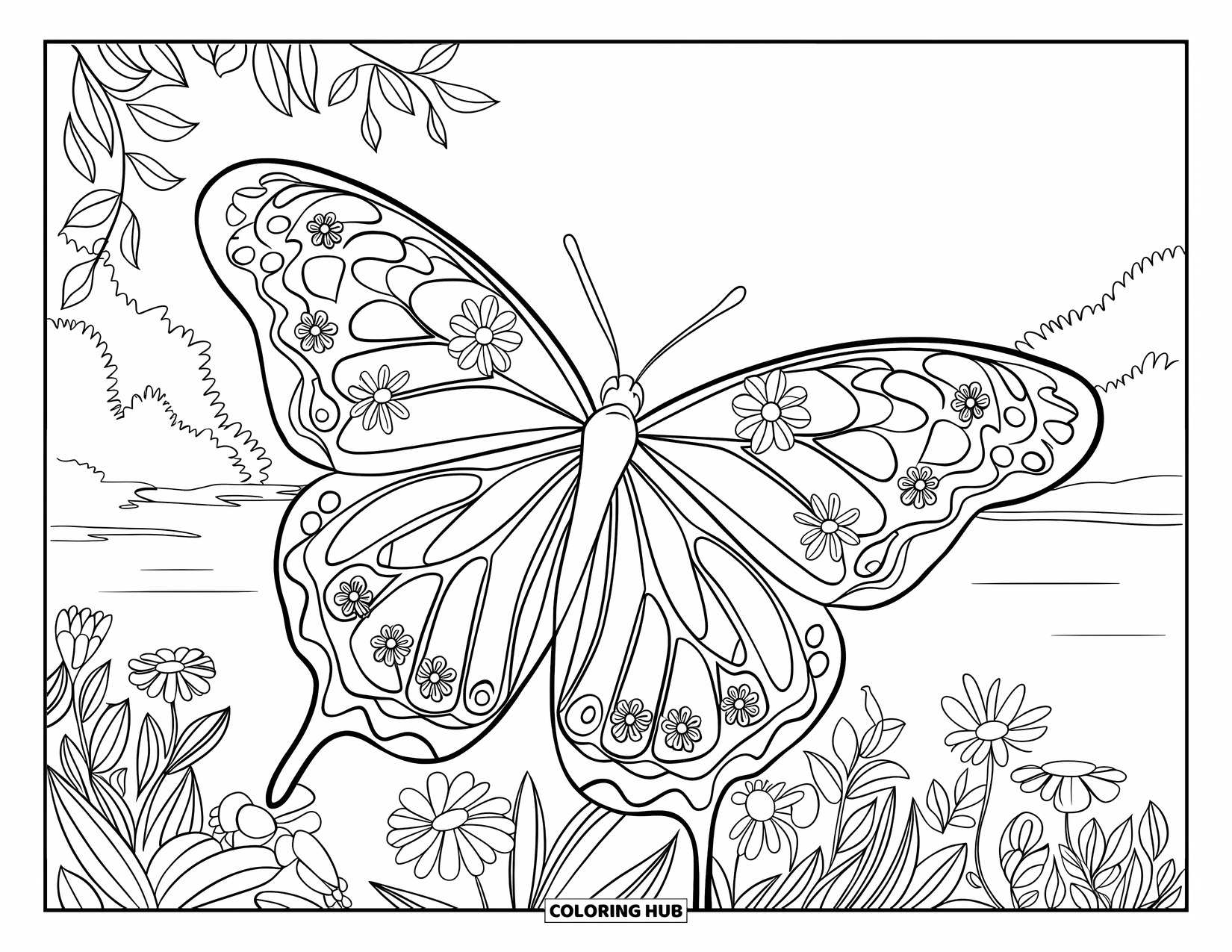 Dibujo de flores para colorear para adultos: Una mariposa con alas florales detalladas se sienta en una rama en un jardín con una vista tranquila al lago