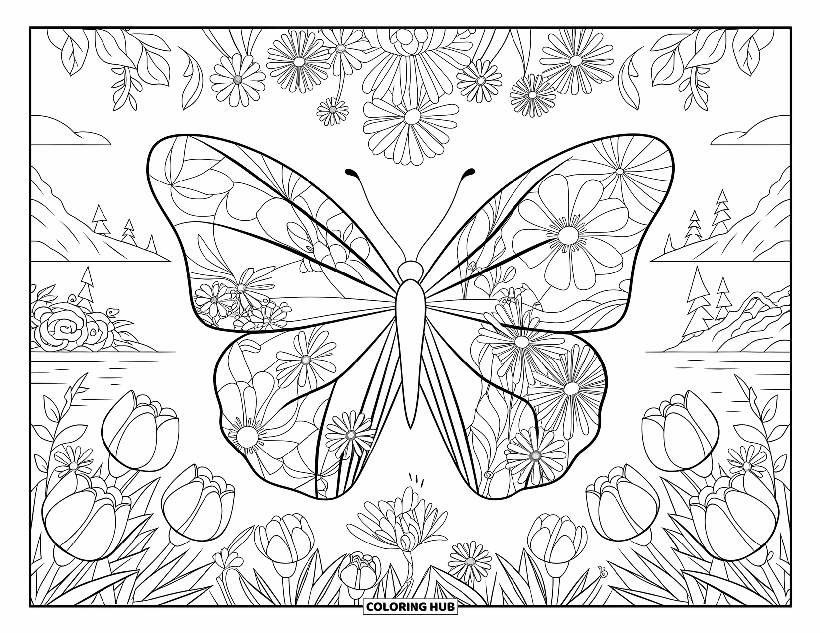 Dibujo de flores para colorear para adultos: Una mariposa con alas con diseño floral se integra perfectamente en un jardín floreciente lleno de varias flores