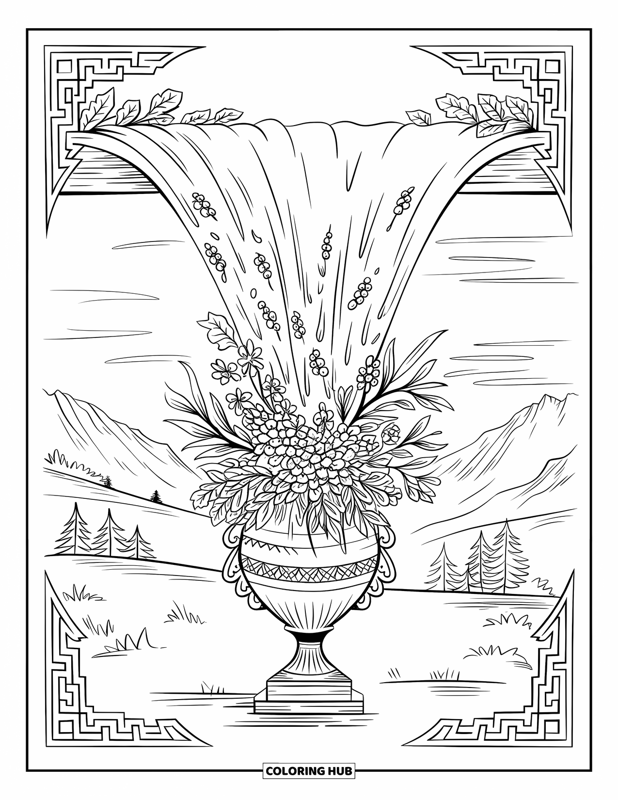 Dibujo de flores para colorear para adultos: Una cascada de flores y hojas fluye desde un jarrón ornamentado hacia una base de piedra