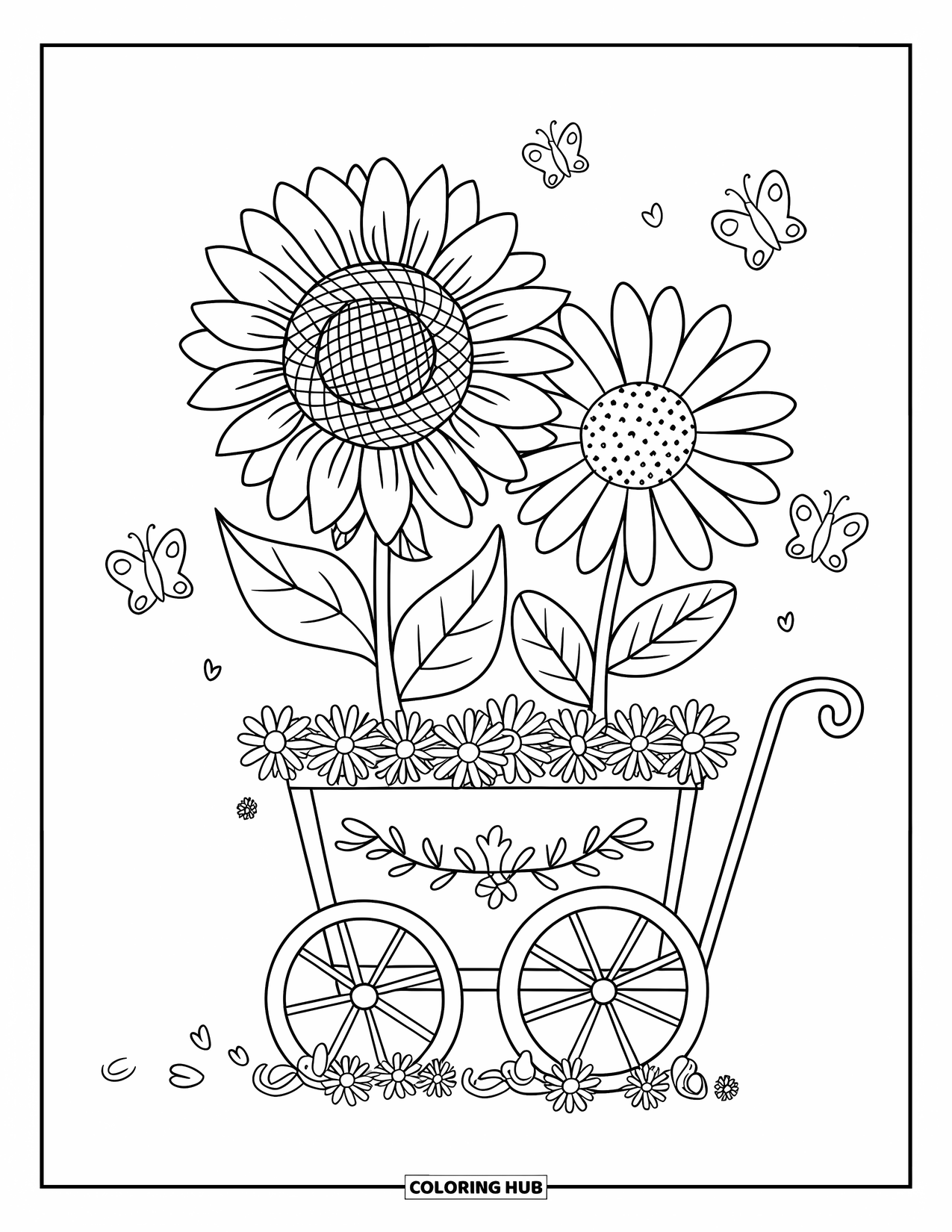 Dibujo de flores para colorear para adultos: Un alegre girasol y una margarita asoman por un carro de flores, con mariposas revoloteando alrededor