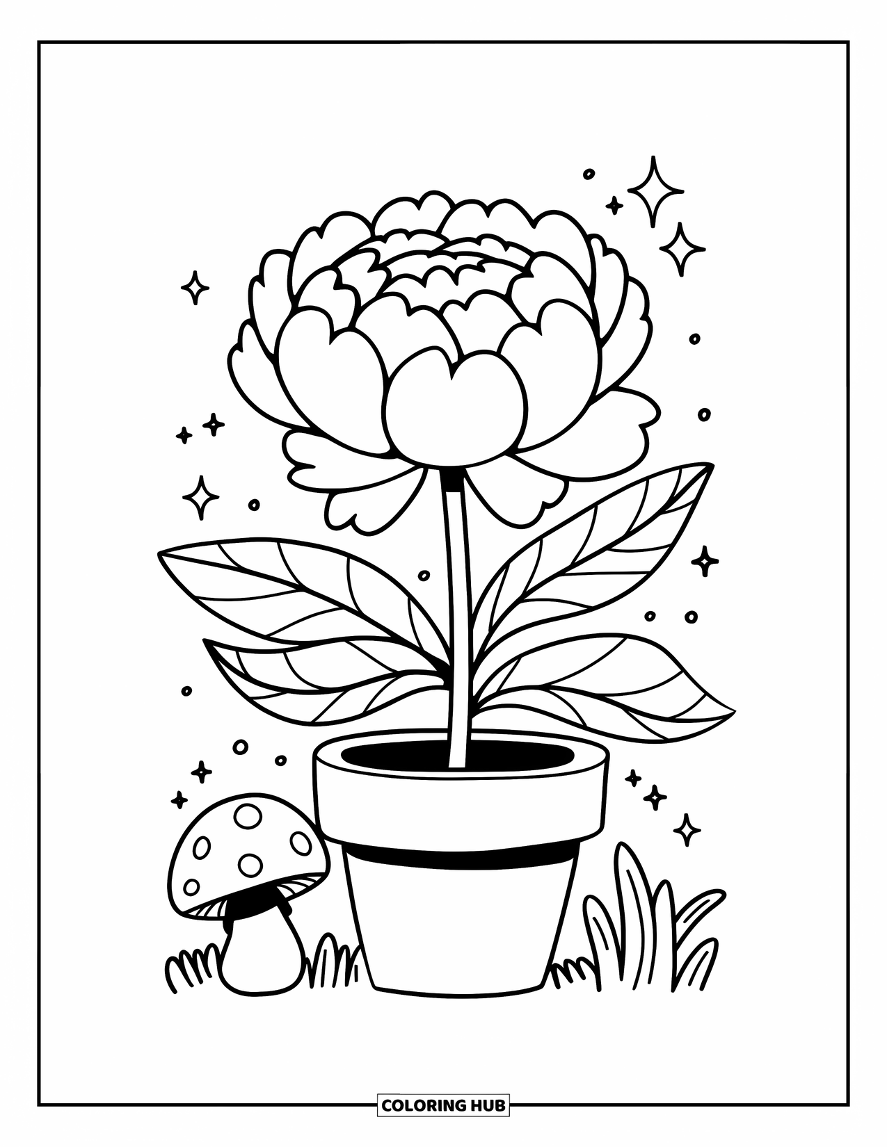 Dibujo de flores para colorear para adultos: Una linda peonía en una maceta se encuentra junto a un pequeño hongo, con chispas juguetonas flotando cerca