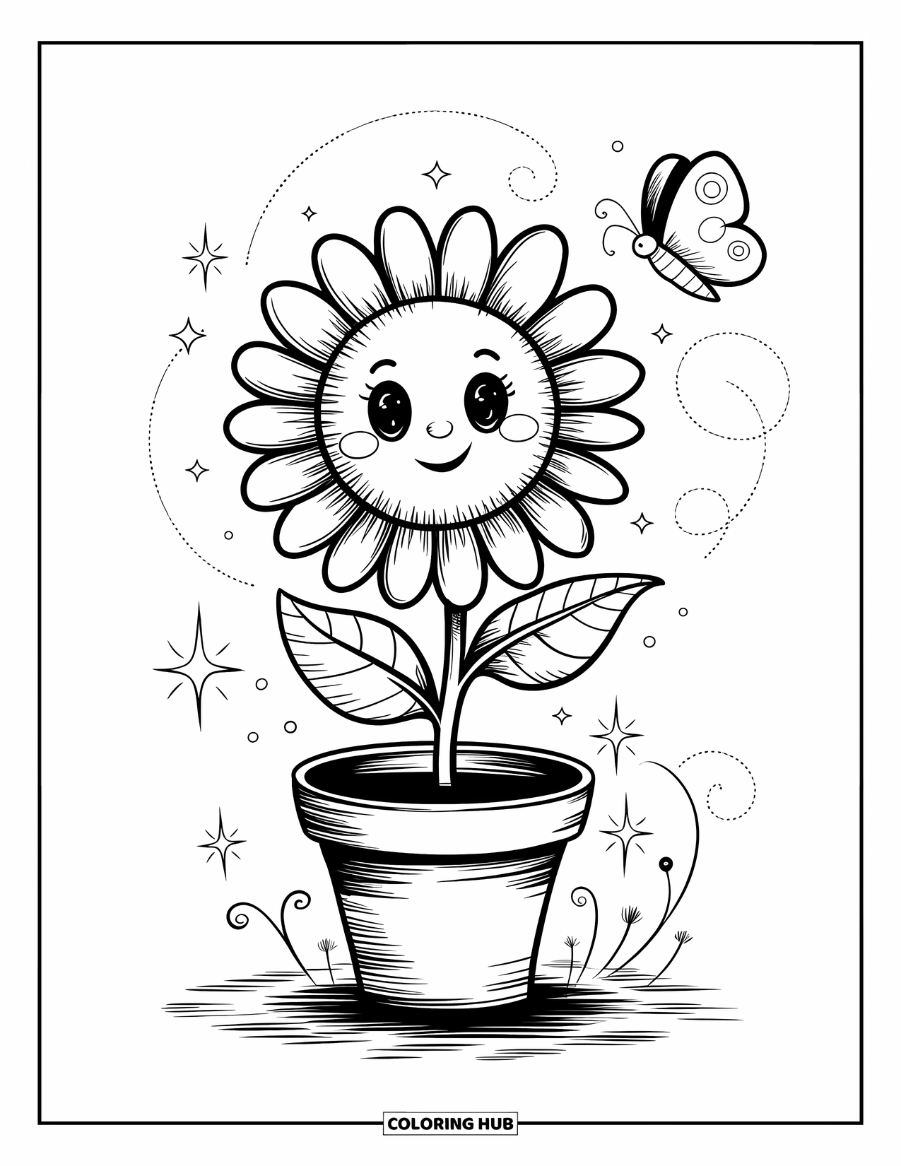 Dibujo de flores para colorear para adultos: Un lindo girasol se encuentra en una pequeña maceta, agitando una hoja mientras una mariposa revolotea a su alrededor