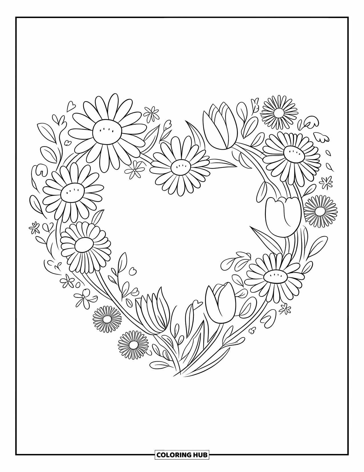 Dibujo de flores para colorear para adultos: Una delicada corona floral en forma de corazón, con margaritas, tulipanes y pequeñas hojas