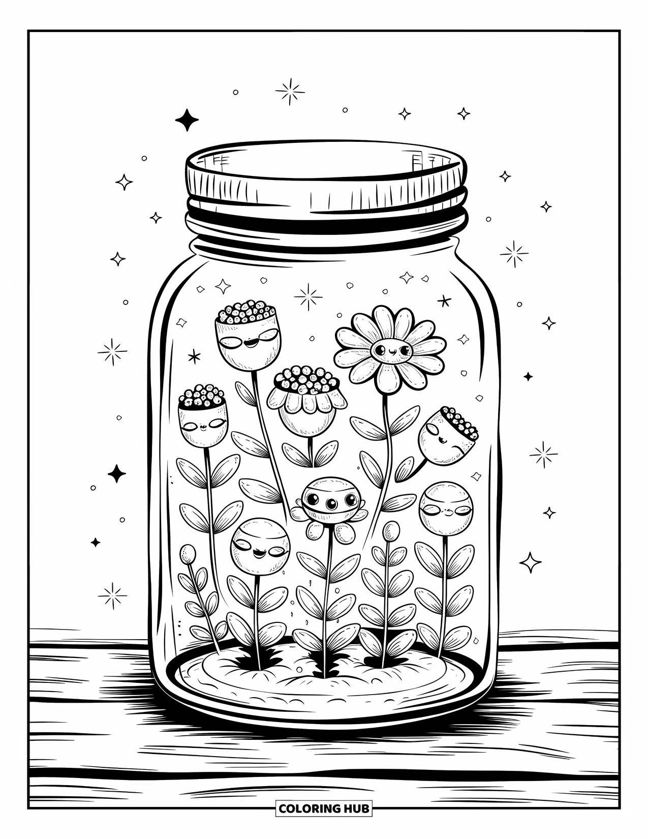 Dibujo de flores para colorear para adultos: Un tarro de ensueño lleno de flores flotantes se sienta sobre una superficie de madera, rodeado de pequeñas chispas