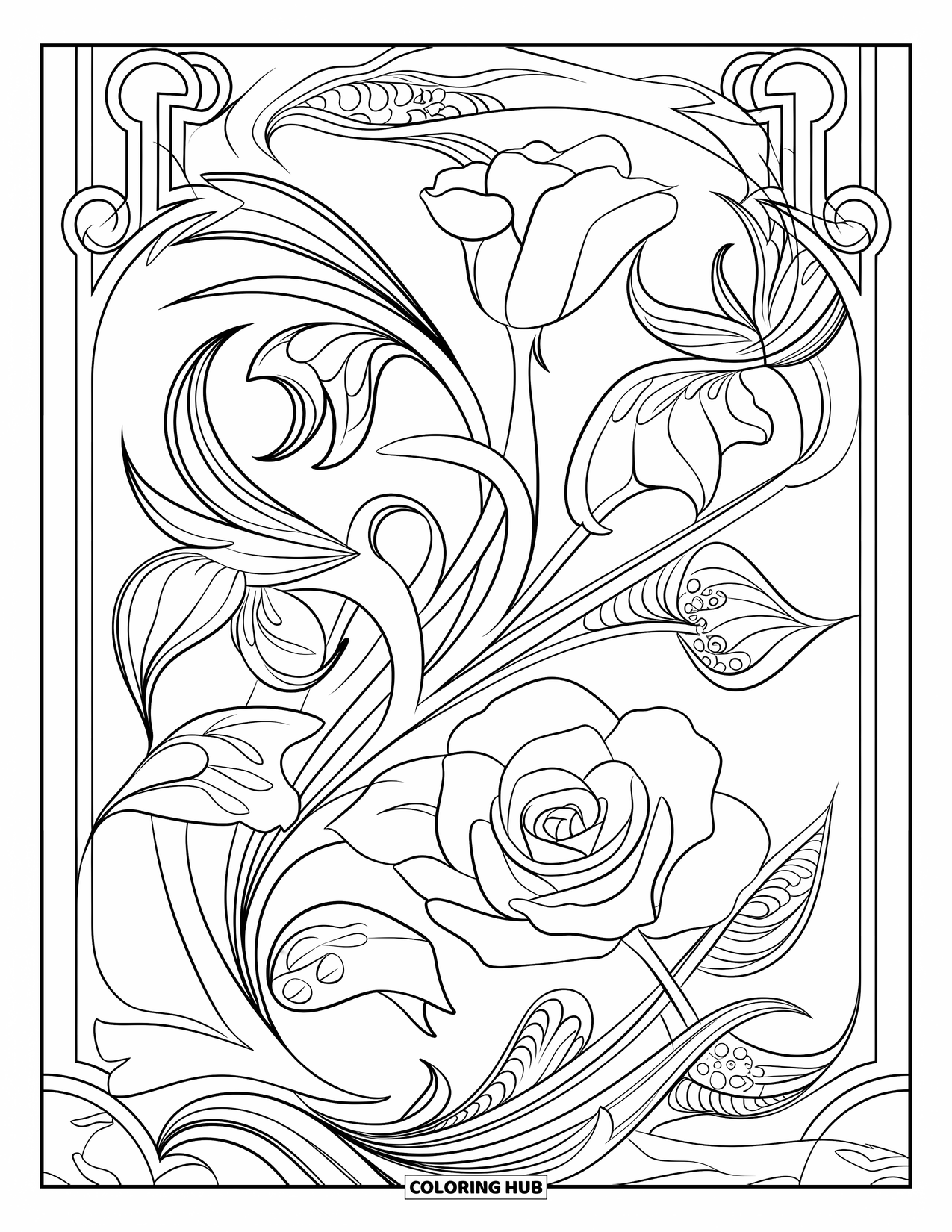 Dibujo de flores para colorear para adultos: Un diseño floral que combina elementos Art Nouveau con rosas, enredaderas y patrones geométricos intrincados
