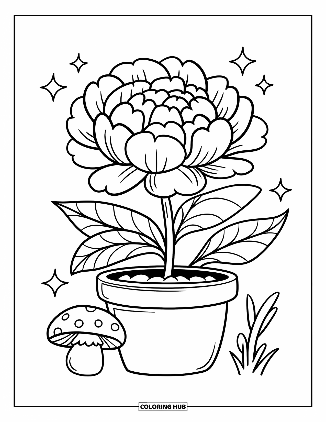 Dibujo de flores para colorear para adultos: Una peonía esponjosa en una maceta se encuentra junto a un pequeño hongo, con chispas flotando en el aire