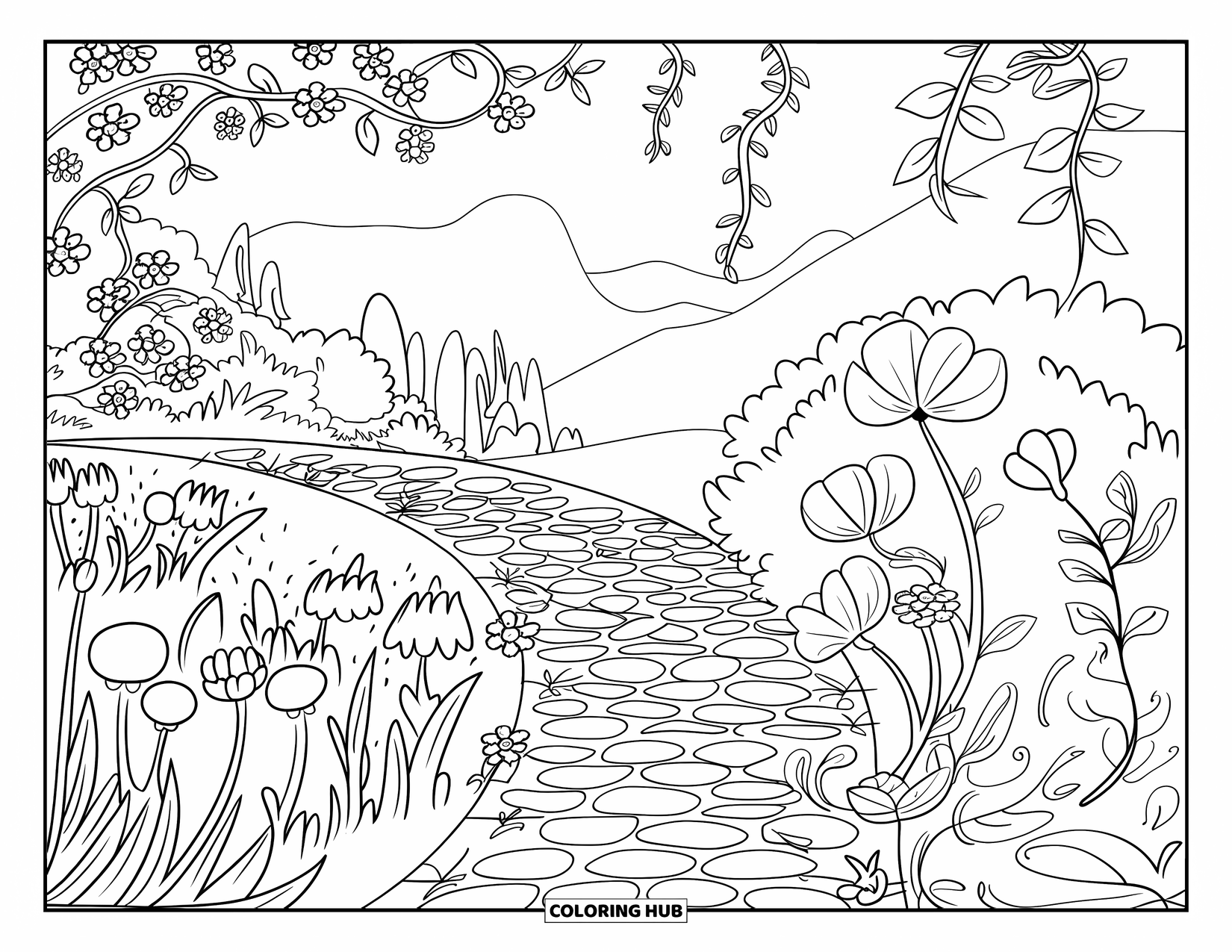 Dibujo de flores para colorear para adultos: Un sendero de jardín bordeado de flores y enredaderas florecientes serpentea a través de un paisaje tranquilo con montañas