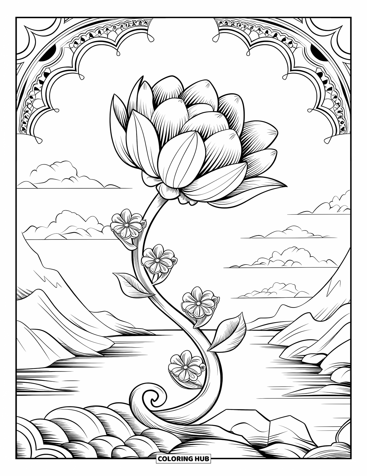 Dibujo de flores para colorear para adultos: Una flor gigante en plena floración con pétalos delicados y enredaderas sinuosas sobre un paisaje de montañas y agua