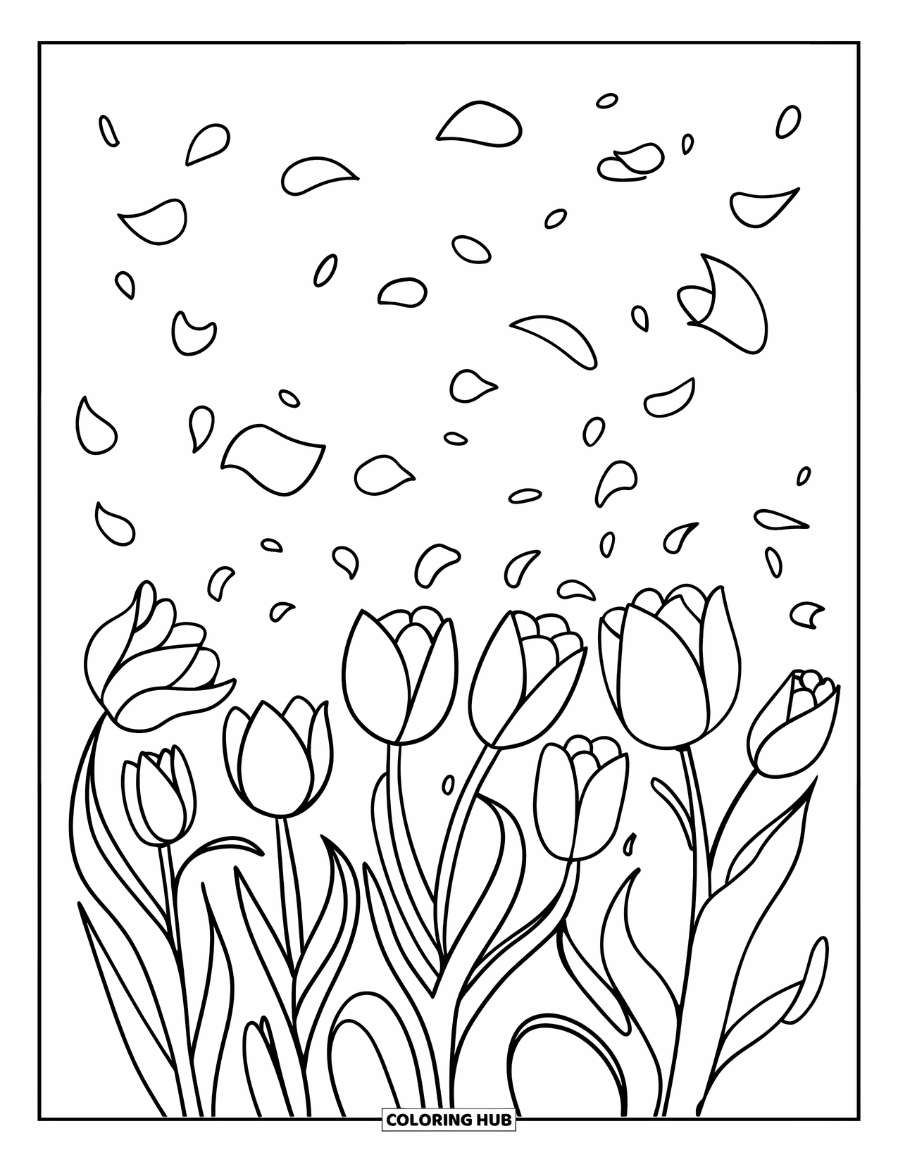 Dibujo de flores para colorear para adultos: Un grupo de tulipanes con tallos curvos se toman de las manos mientras bailan en una suave brisa