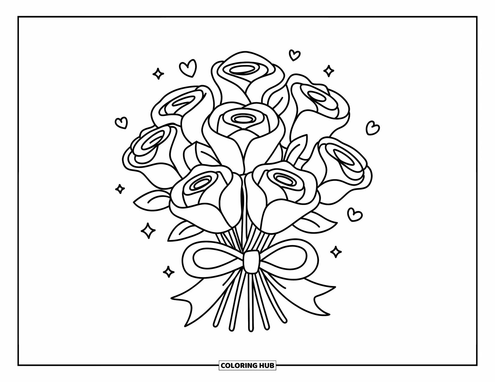 Dibujo de flores para colorear para adultos: Un ramo de rosas esponjosas al estilo kawaii atado con un lazo, con pequeños corazones y estrellas a su alrededor
