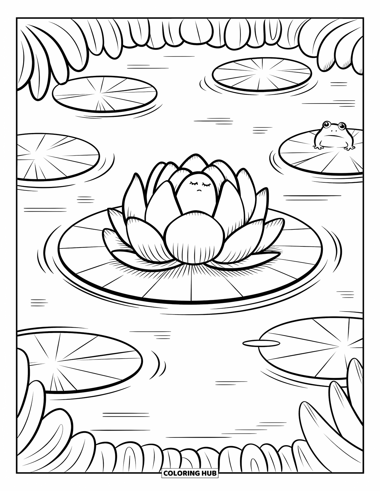 Dibujo de flores para colorear para adultos: Una flor de loto dormita en un nenúfar, rodeada de suaves ondas y una pequeña rana curiosa