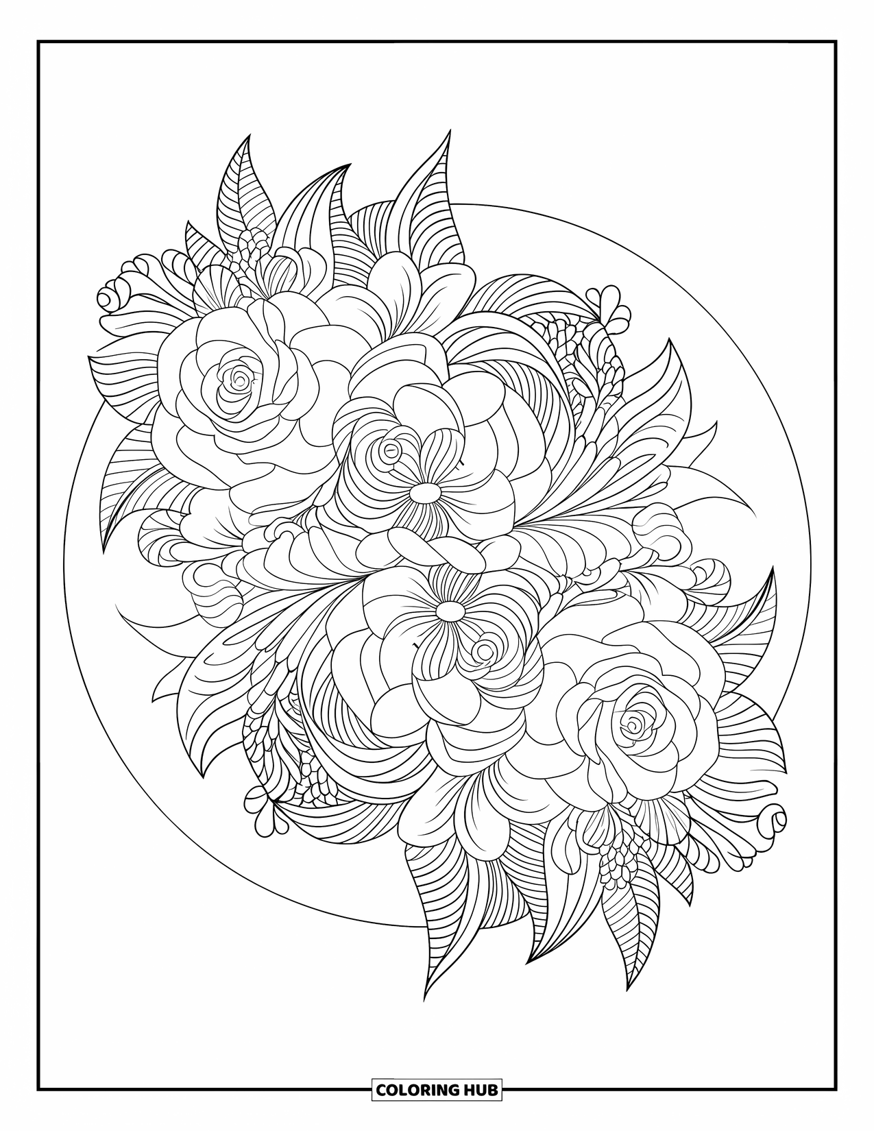 Dibujo de flores para colorear para adultos: Un arreglo floral estilo mandala con rosas, lirios y enredaderas arremolinadas en un marco circular