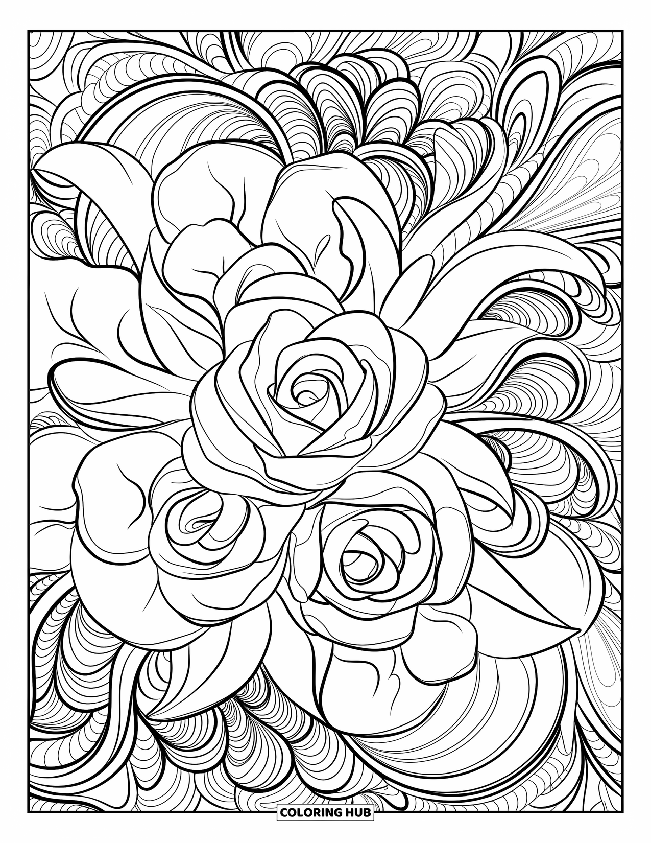 Dibujo de flores para colorear para adultos: Un arreglo floral estilo mandala con rosas, lirios y enredaderas arremolinadas en un diseño intrincado