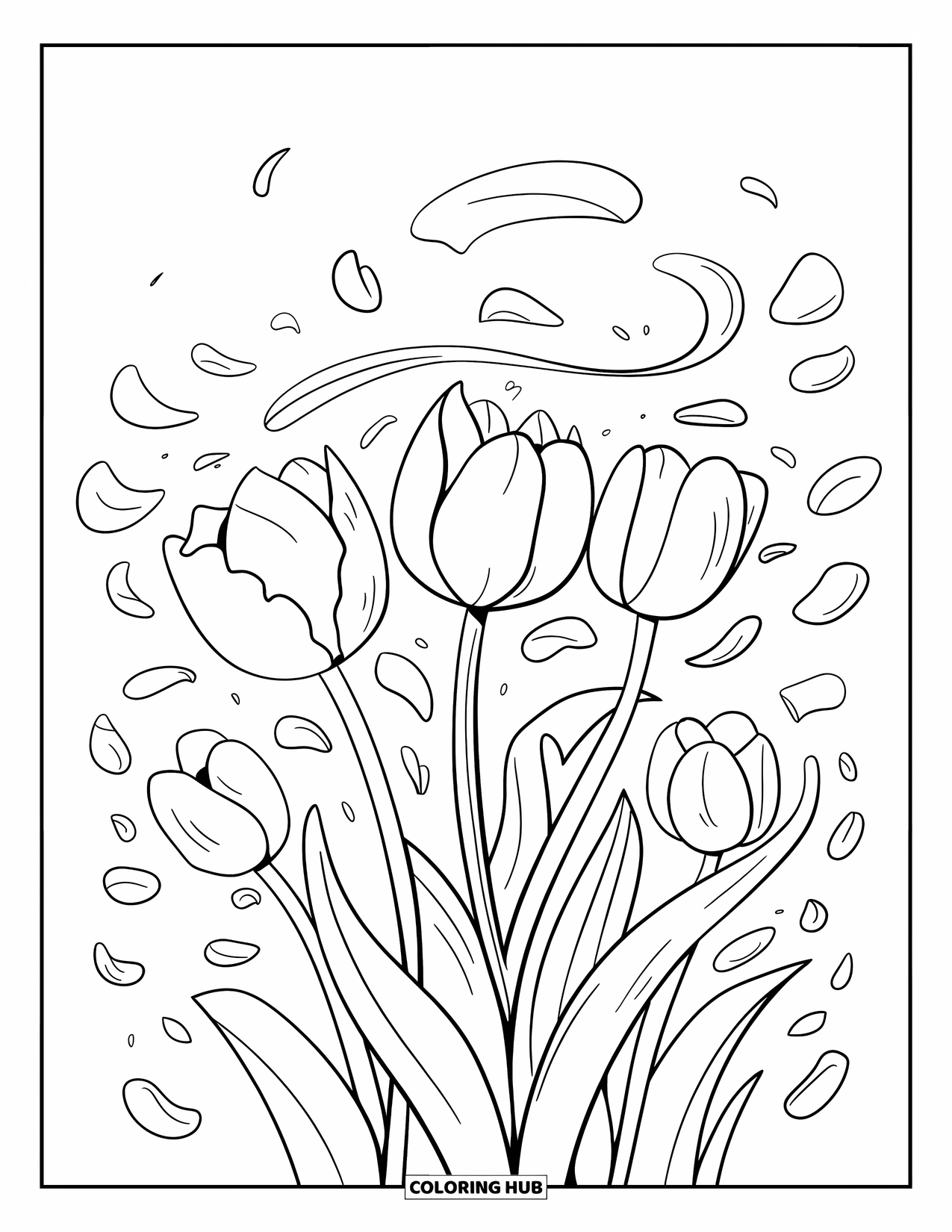 Dibujo de flores para colorear para adultos: Un grupo juguetón de tulipanes se toman de las manos, girando en la brisa mientras los pétalos giran a su alrededor