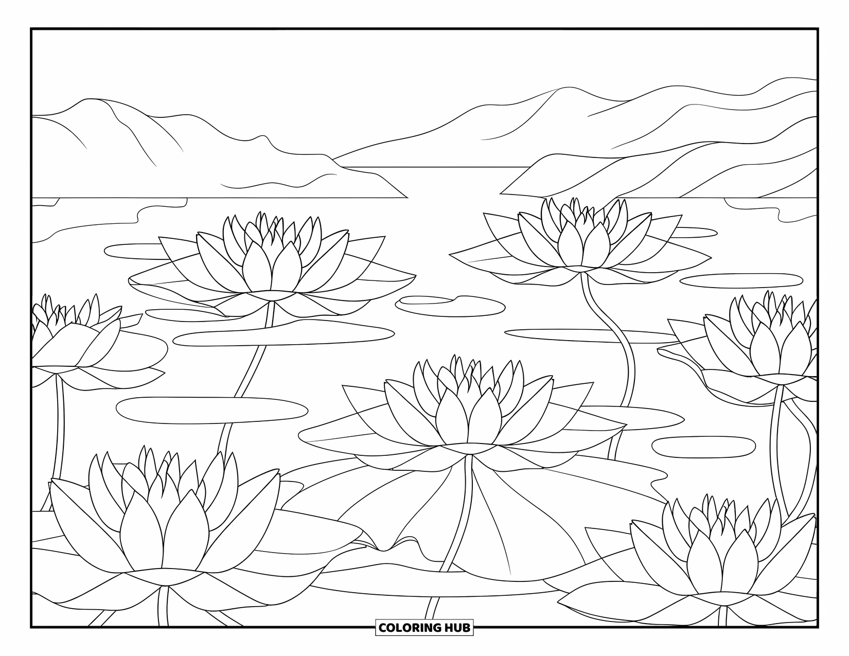 Dibujo de flores para colorear para adultos: Una escena serena de flores de loto flotando en aguas tranquilas bajo un vasto cielo montañoso
