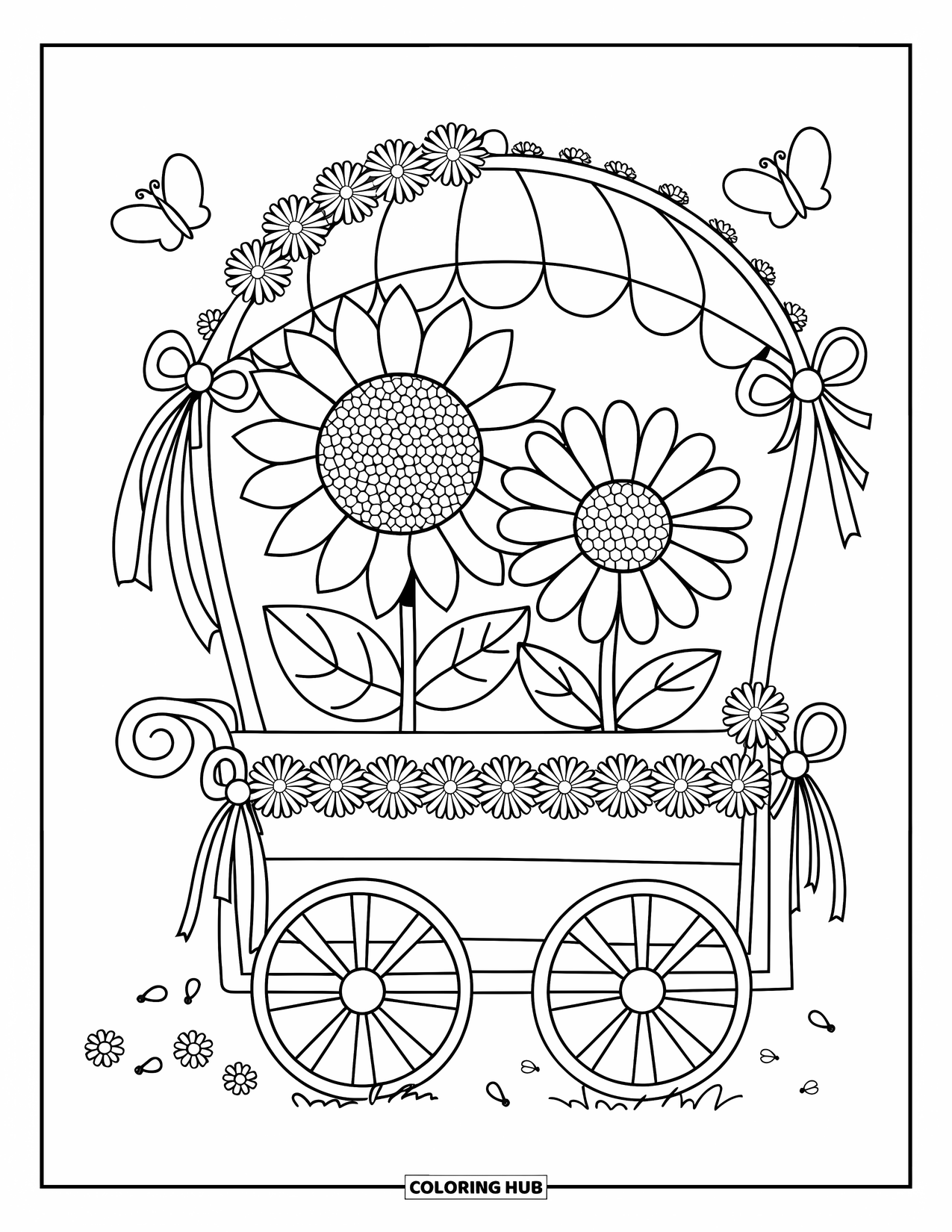Dibujo de flores para colorear para adultos: Un girasol y una margarita se sientan dentro de un carro de flores decorativo, rodeados de pequeñas mariposas