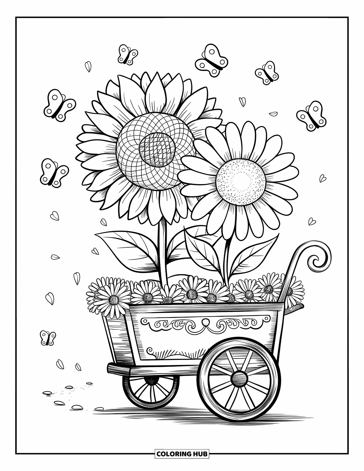 Dibujo de flores para colorear para adultos: Un girasol y una margarita descansan en un carro de flores con una cesta y una rueda, rodeados de mariposas danzantes